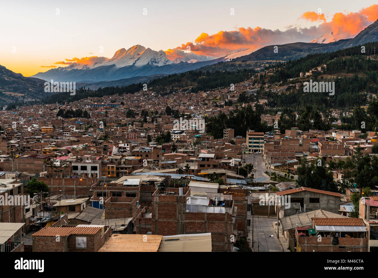 A panoramic view of the South American city of Huaraz, Peru with the Cordillera Blanca mountain range in the background. Stock Photo
