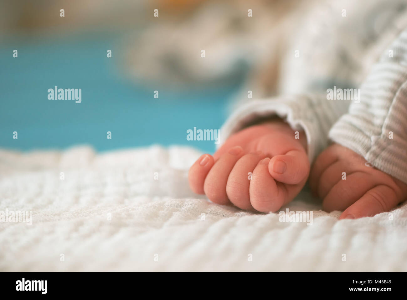 Newborn baby hands close up with selective focus Stock Photo
