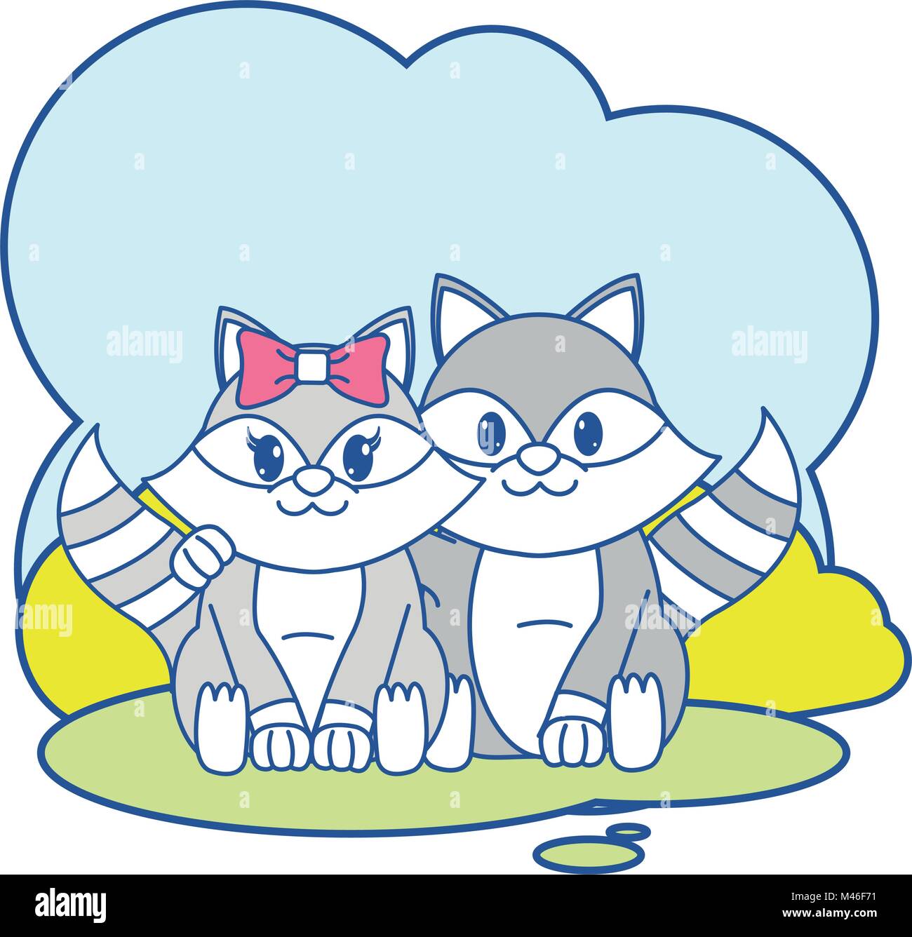 line color raccoon couple cute animal in the landscape Stock Vector ...