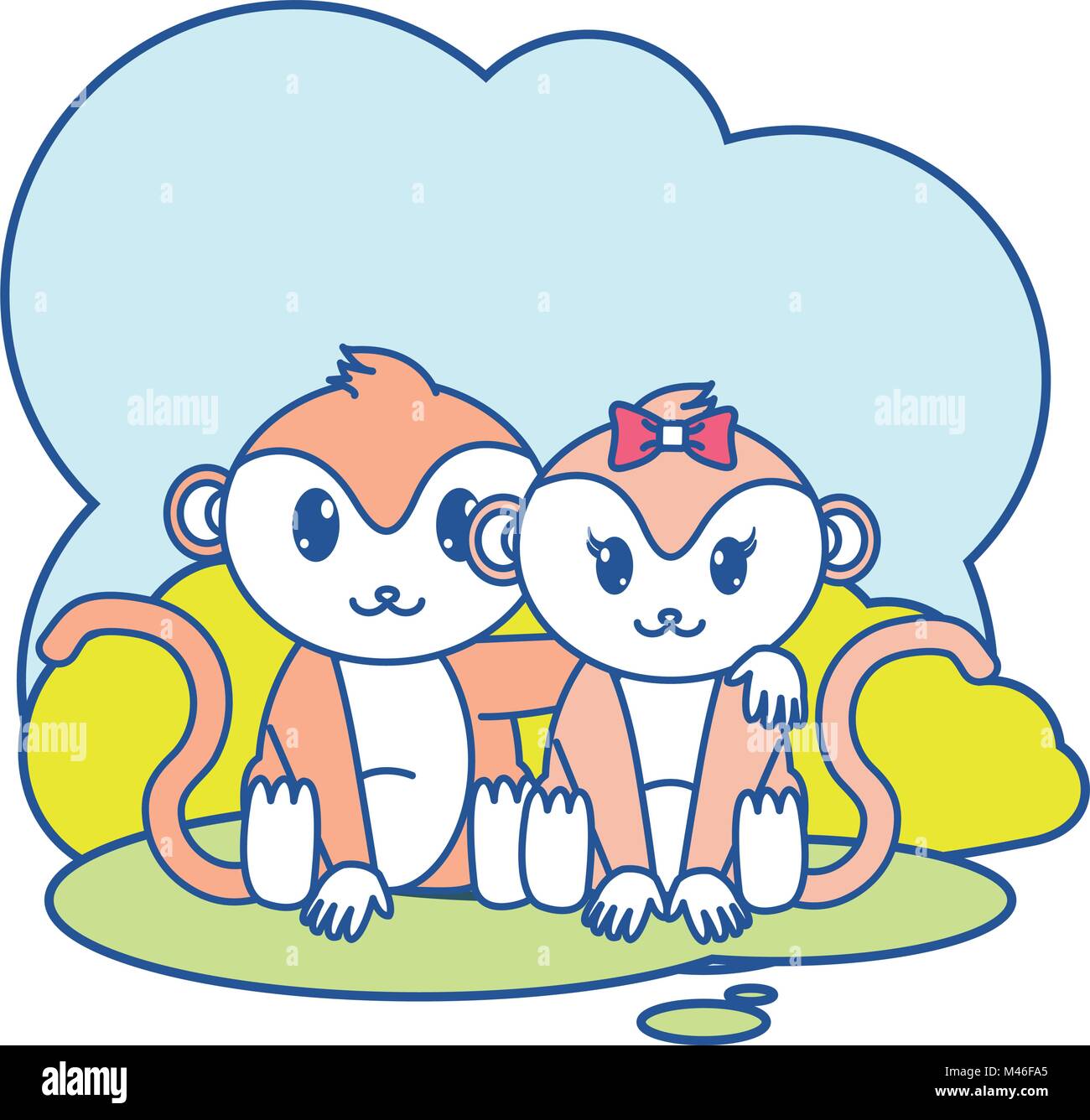 line color monkey couple cute animal in the landscape Stock Vector ...