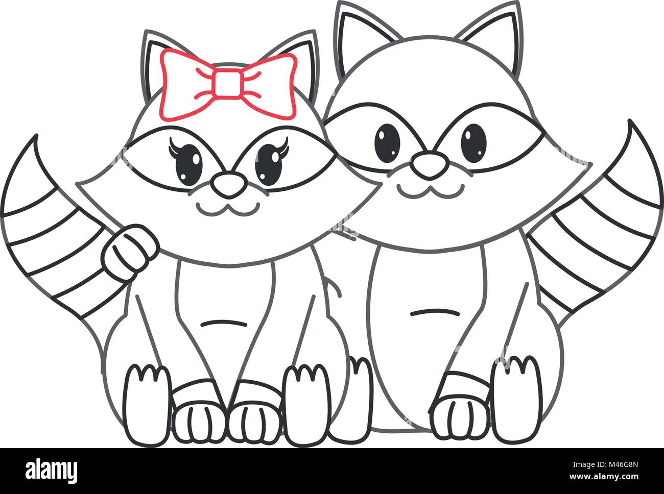 color line raccoon couple cute animal together Stock Vector Image & Art ...