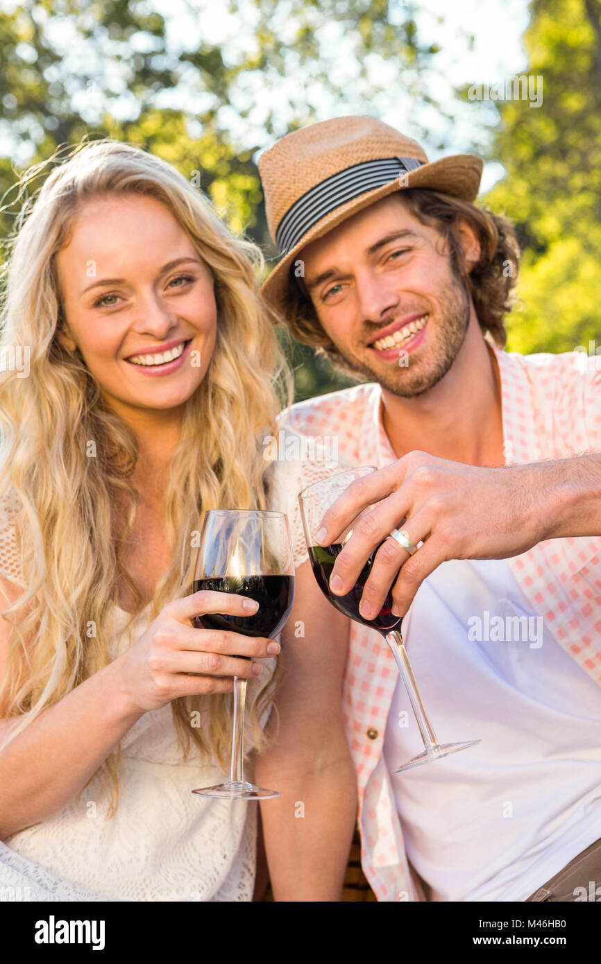 Happy couple having a picnic and drink red wine Stock Photo - Alamy