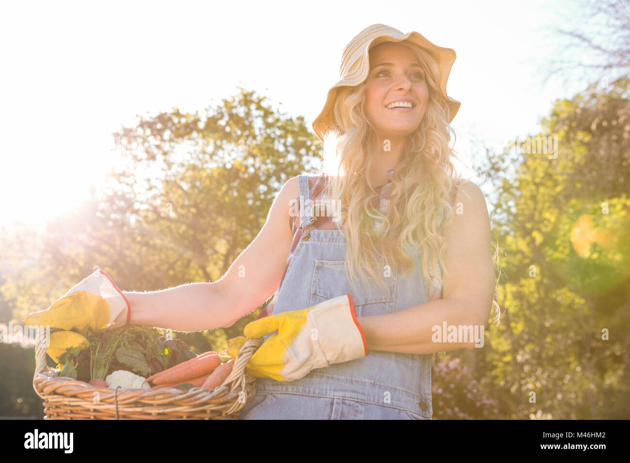 Gardener woman holding a basket of vegetables Stock Photo - Alamy