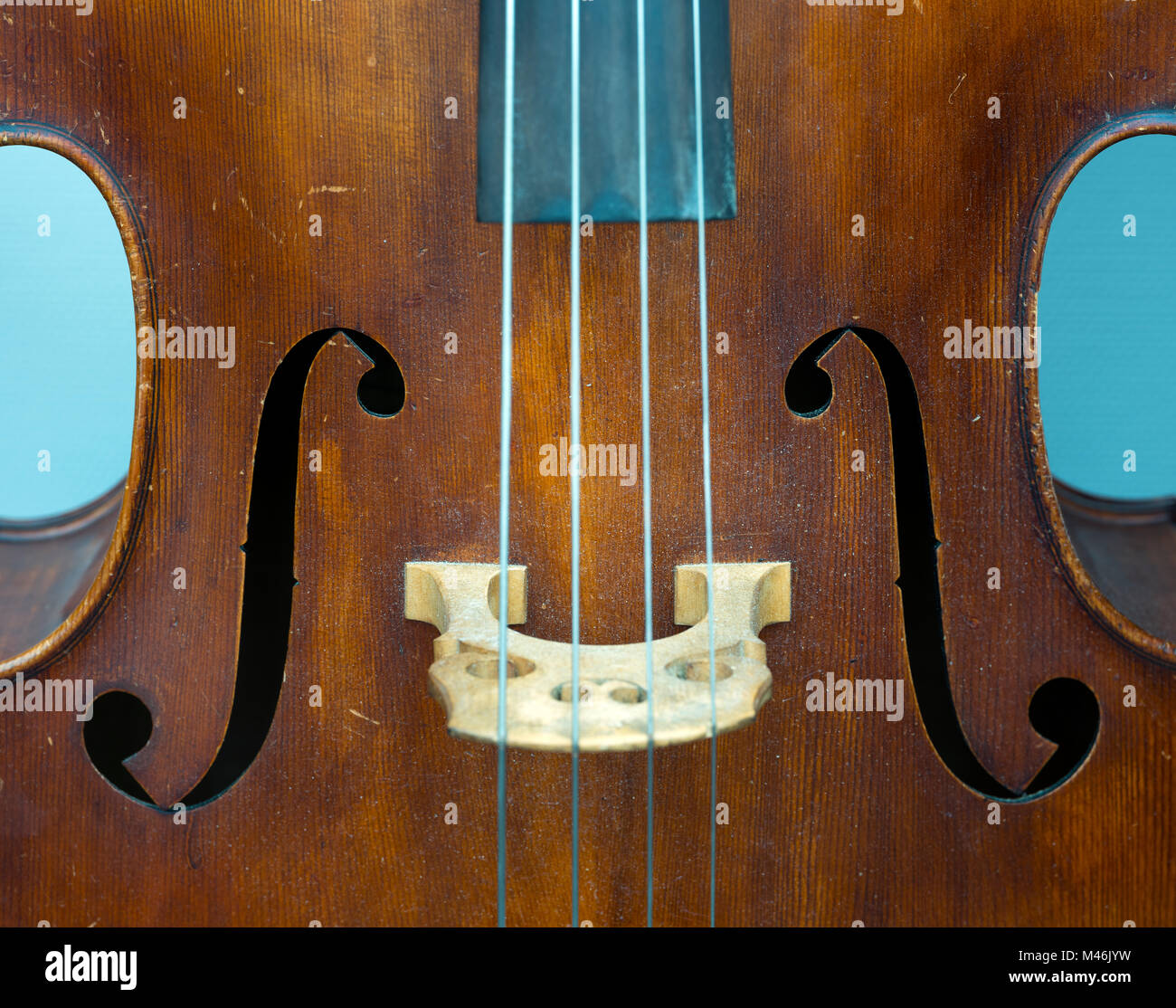 closeup of old double bass with f hole Stock Photo