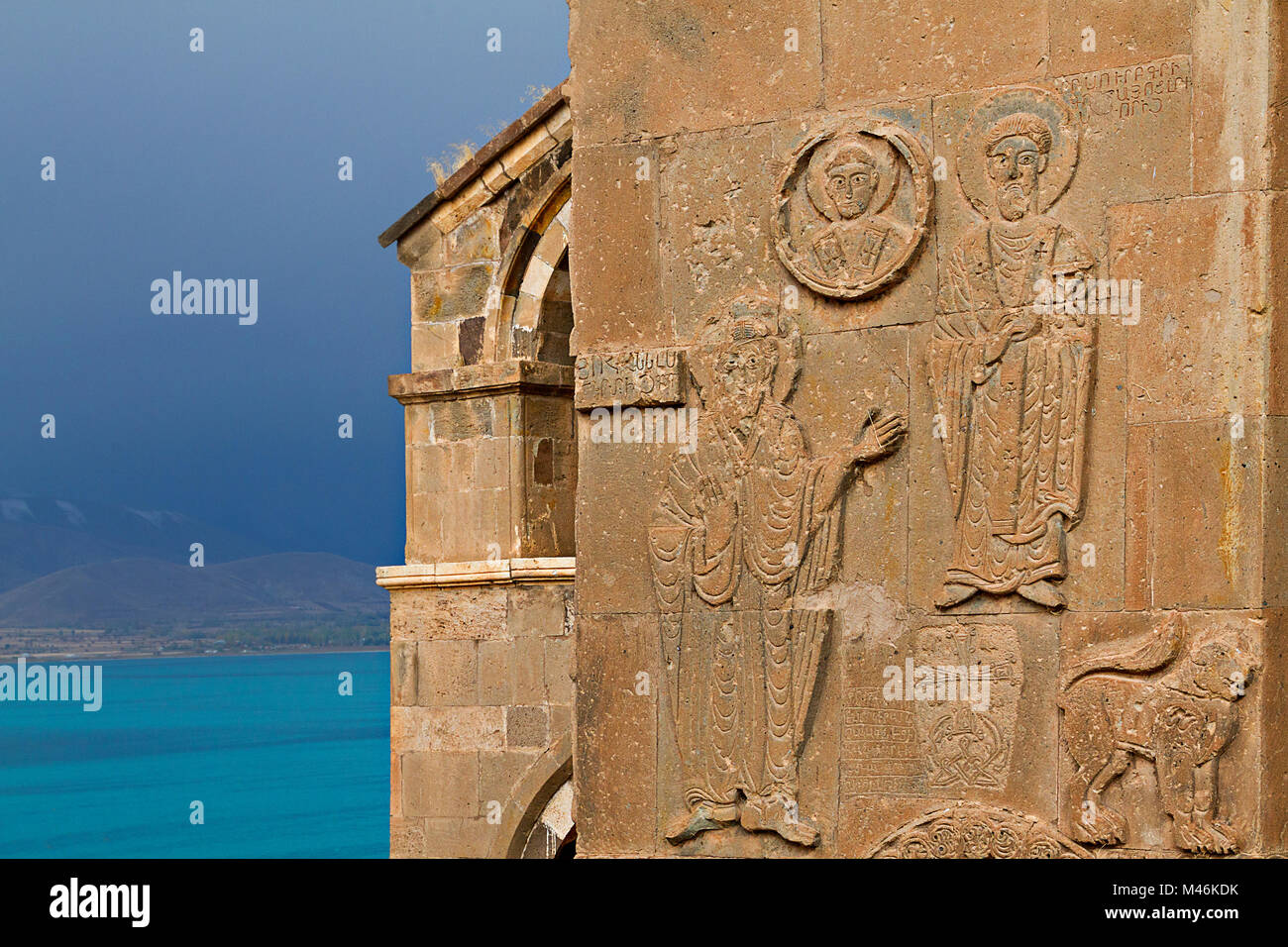 Reliefs on the wall of the ancient Armenian church of Akhtamar on the Akhtamar Island, Lake Van, in the province of Va Stock Photo