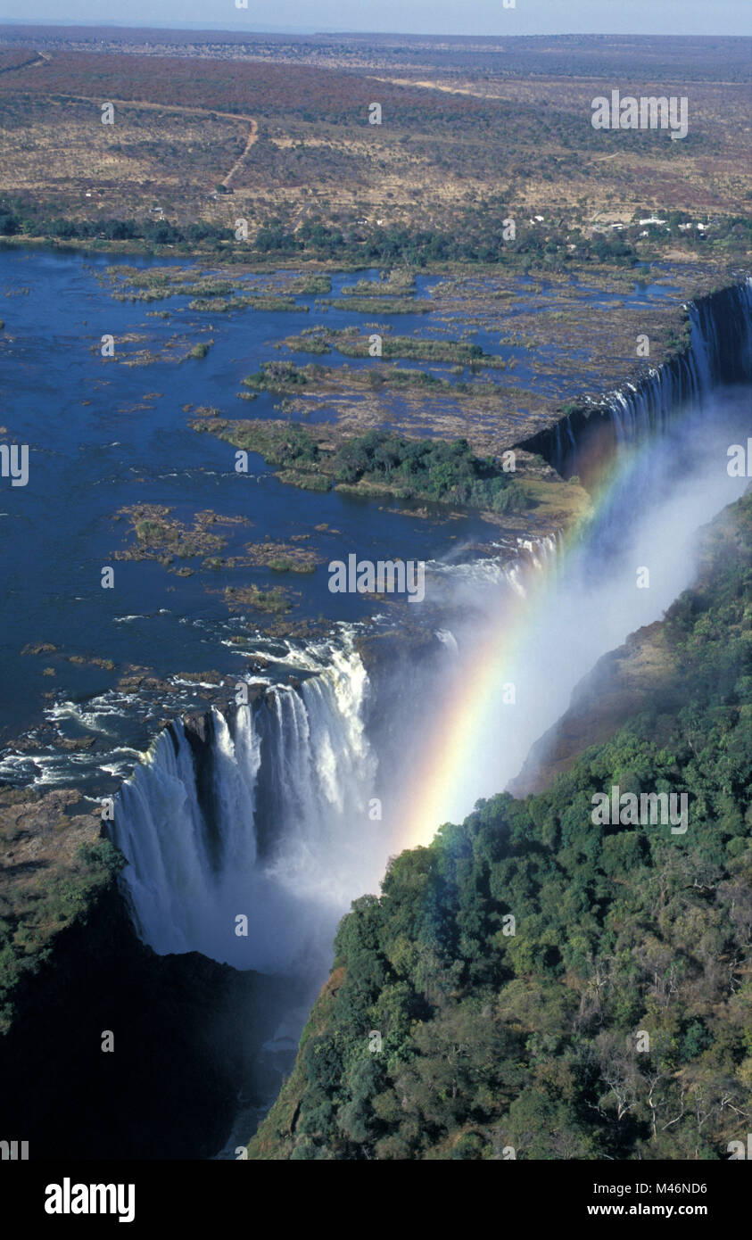 Zimbabwe. Near Victoria Falls. The Victoria Falls. Rainbow. Aerial. Unesco, World Heritage Site. Stock Photo