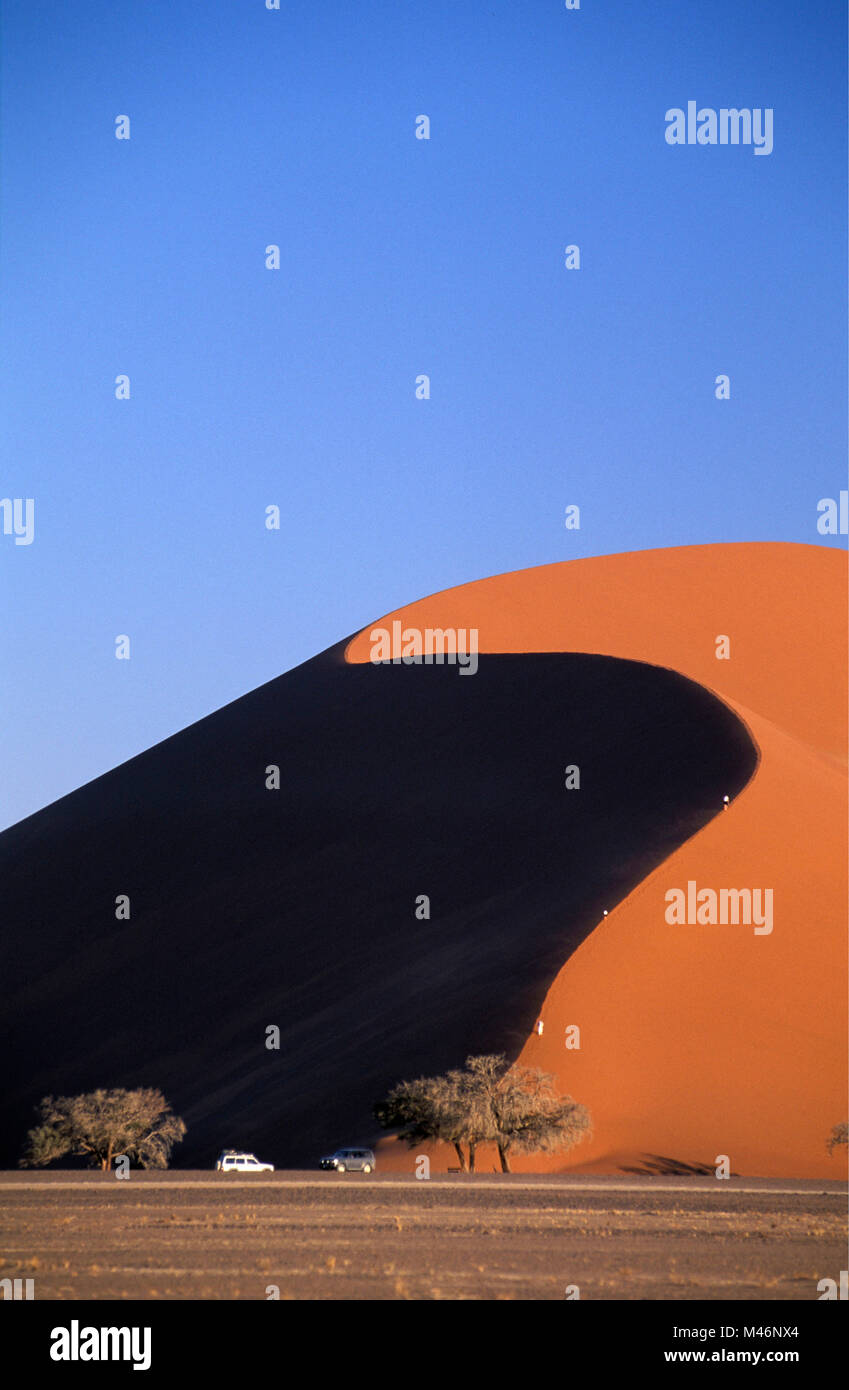 Namibia. Namib desert. Sossusvlei. Sand dune number 45. Tourists climbing sand dune. In front 4x4 cars. Stock Photo