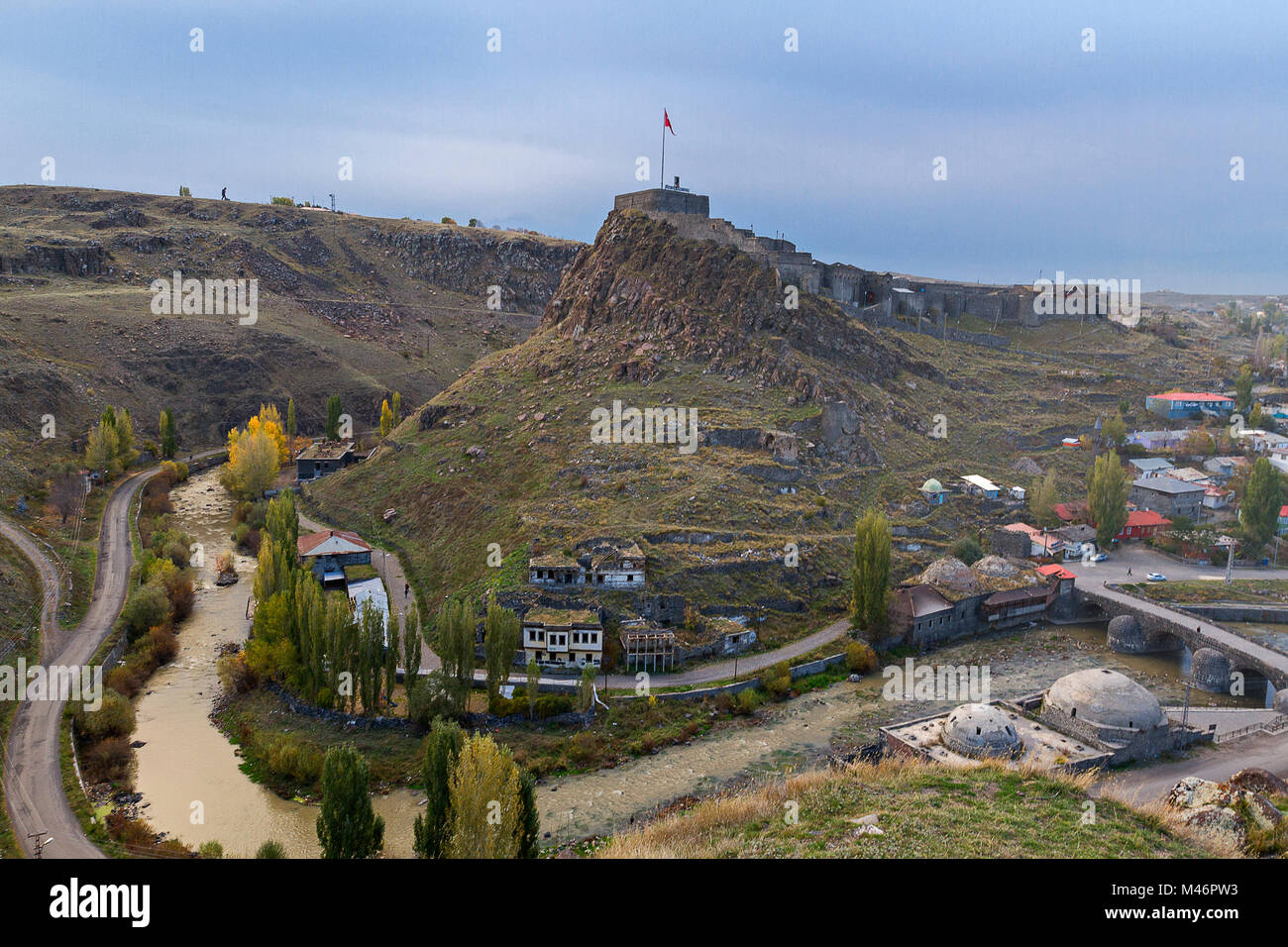 View over the castle of Kars, in Turkey. Kars is a province in the Northeastern Turkey, close to the Armenian border. Stock Photo
