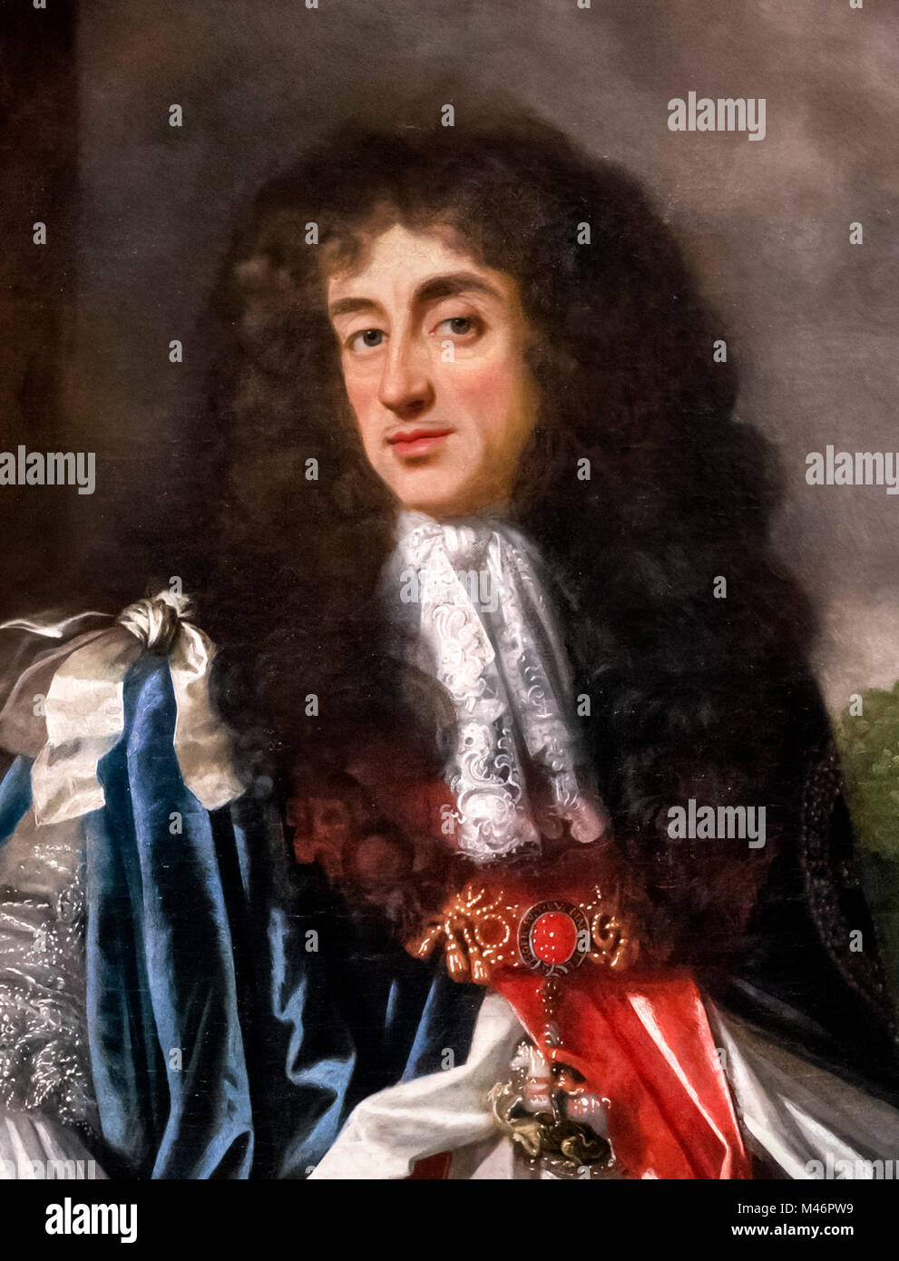 Charles II. Portrait of King Charles II in the robes of the Order of the Garter, by Simon Verelst, oil on canvas, c.1677-85. Detail from a larger painting, M46PWF. Stock Photo