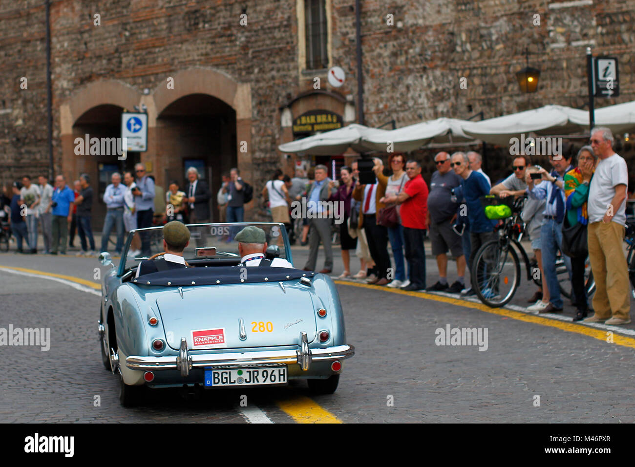 Verona, Italy. 18th, May, 2017.  Crew composed by Josef Peter Reichenberger and  Josef Reichenberger from Germany, with their model car, AUSTIN HEALEY Stock Photo