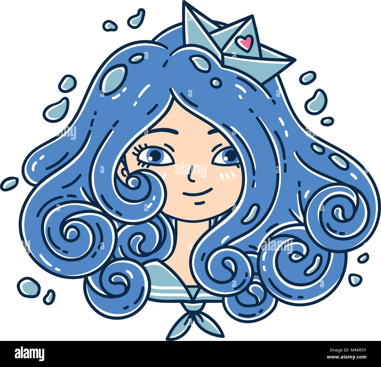 Girl with curly hair. Sea girl. Girl with blue hair. Paper boat. Isolated objects on white background. Vector illustration. Stock Vector
