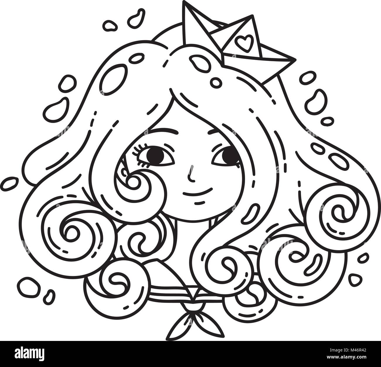 Girl with curly hair. Sea girl. Girl with blue hair. Paper boat. Isolated objects on white background. Vector illustration. Coloring pages. Stock Vector