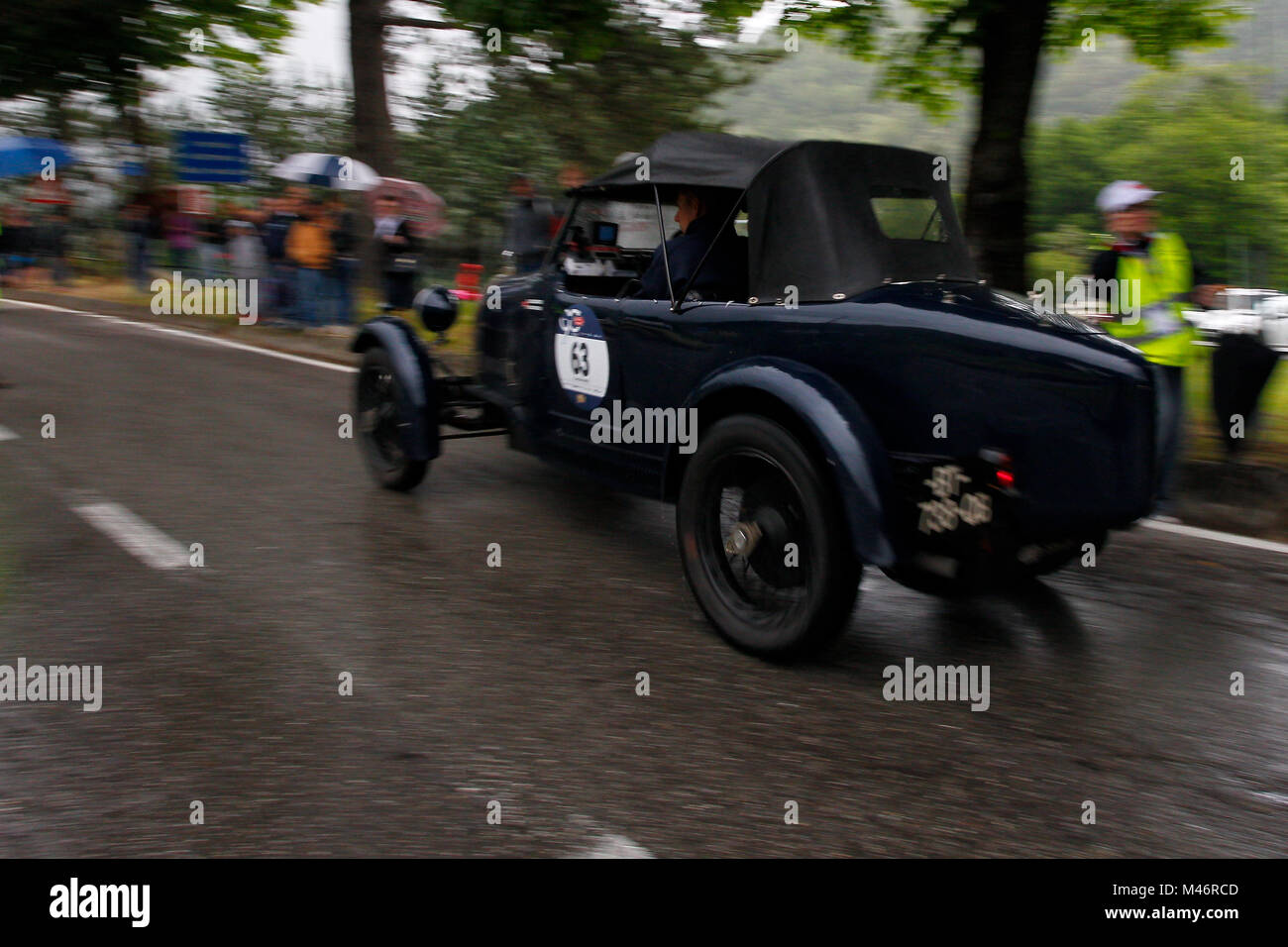 Pistoia, Italy. 20th, May 2017.  Crew composed by Mauro Ferrari and Andrea Ferrari from Italy with their model car, BUGATTI Type 40 1929, moves quickl Stock Photo