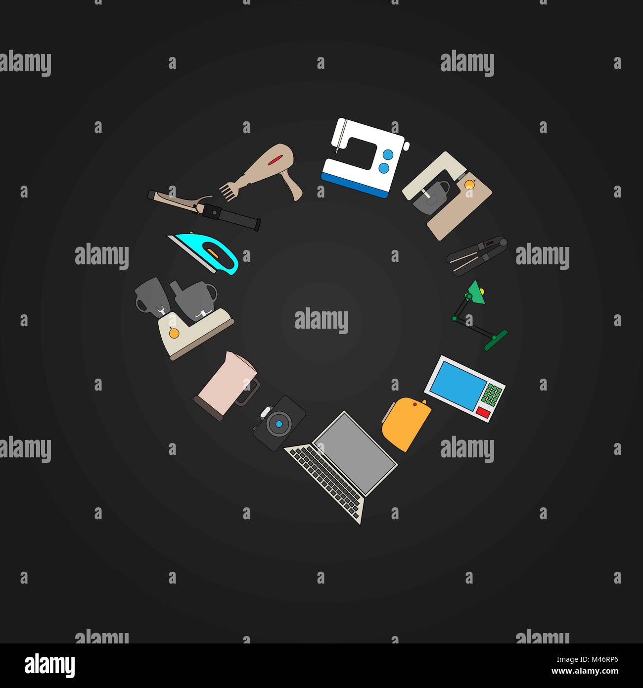 Household appliances in the figure are distributed in a circle. Stock Vector