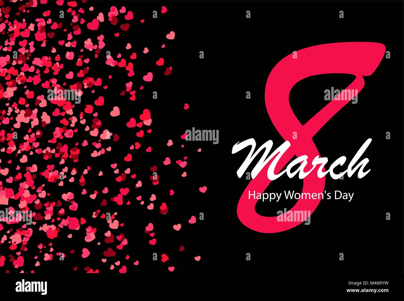 Postcard to the 8th of March (Women's Day). Red digit eight, greeting words and lots of falling hearts. Vector illustration Stock Vector