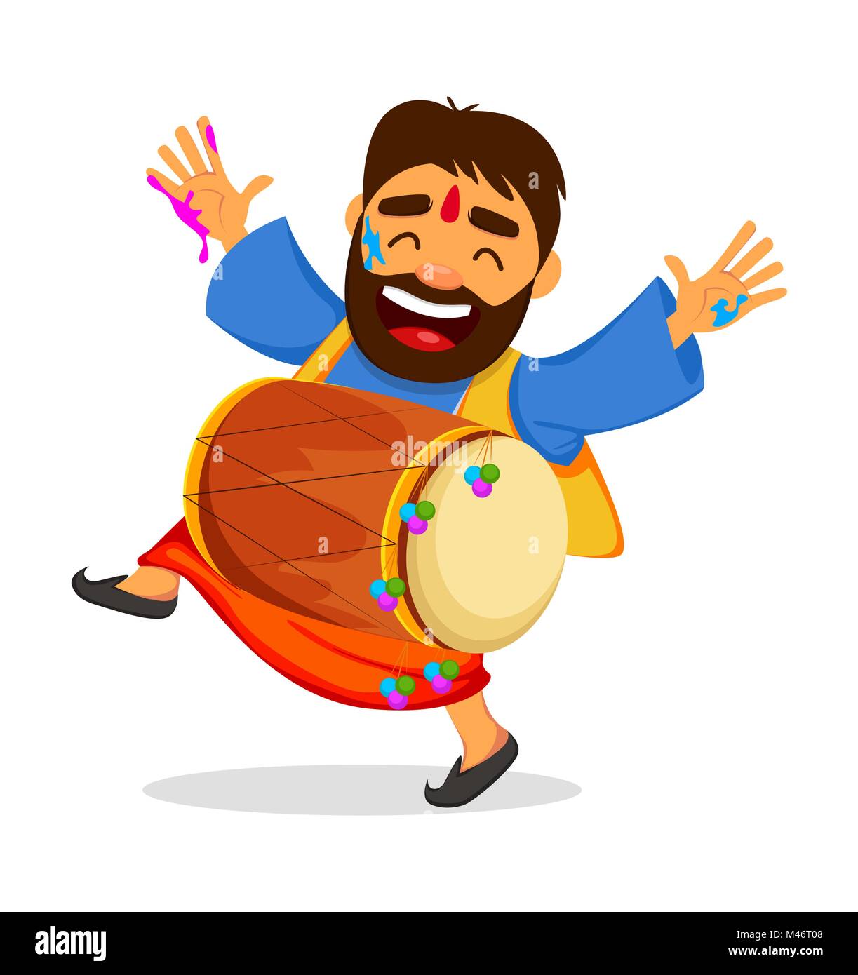 Traditional Indian festival Holi. Funny dancing man in paint with drum.  Postcard for Bengali New Year. Holiday of spring. Vector illustration on  white Stock Vector Image & Art - Alamy