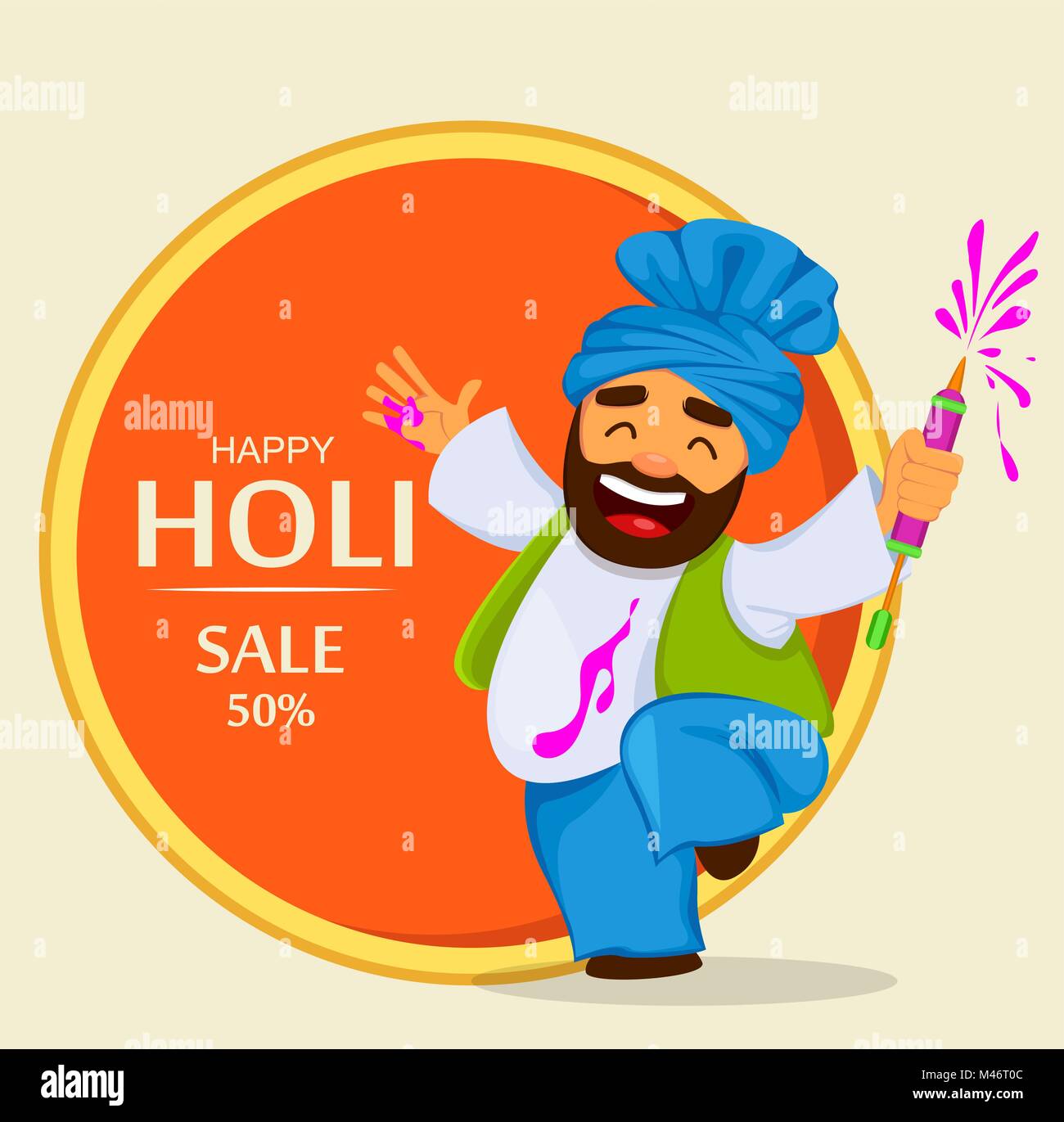 Traditional Indian festival Holi. Funny dancing man in turban holding  liquid paint. Holiday of spring. Vector illustration for banner, sale Stock  Vector Image & Art - Alamy