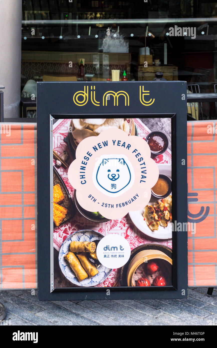 A sign for the Chinese New Year Festival at dim t - Dim Sum restaurant in London. Stock Photo