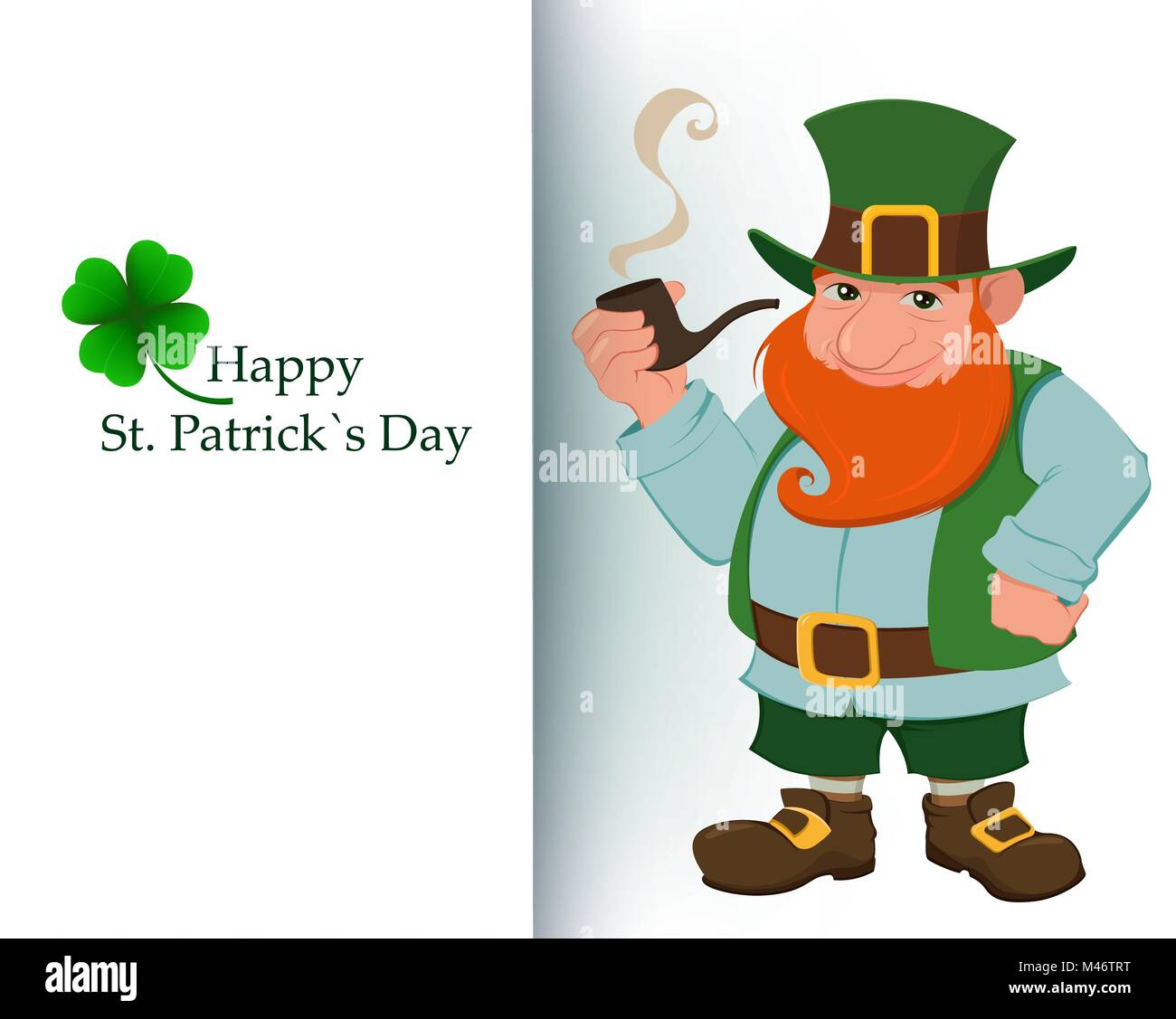 Happy Saint Patrick's Day. Character with green hat and red beard and four leaf clover. Cartoon happy leprechaun with smoking pipe. Vector illustratio Stock Vector