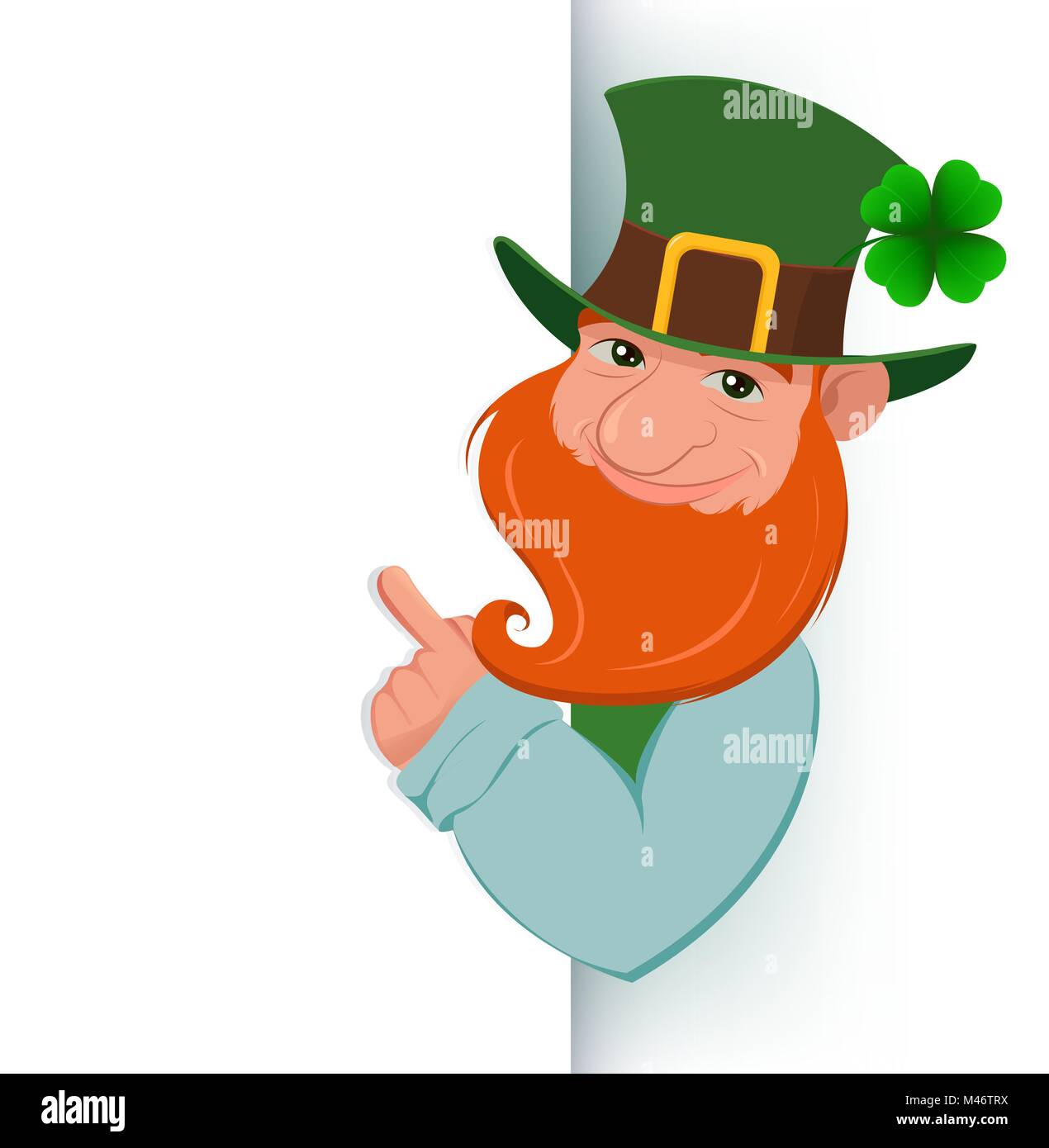 Happy Saint Patrick's Day. Character with green hat and red beard and four leaf clover. Cartoon happy leprechaun showing on blank banner. Vector illus Stock Vector