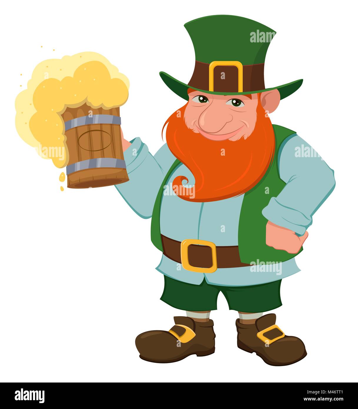 Happy Saint Patrick's Day. Character with green hat and red beard. Cartoon happy leprechaun holding a pint of fresh beer. Vector illustration Stock Vector