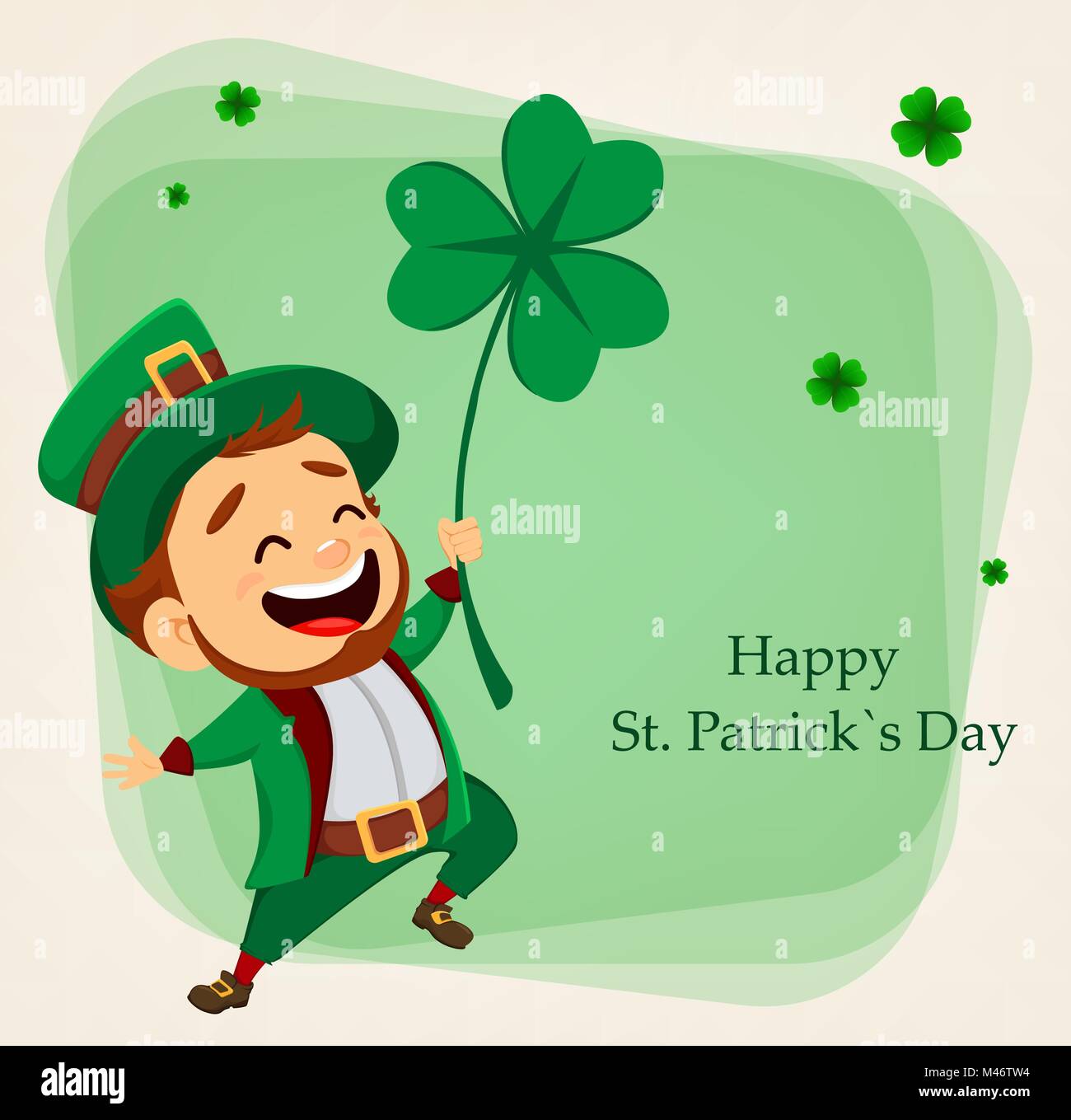 Happy St Patrick S Day Funny Happy Saint Patrick's Day. Character With Green Hat. Cartoon Funny  Leprechaun Holding Clover. Vector Illustration On Green Background With  Clovers Stock Vector Image & Art - Alamy
