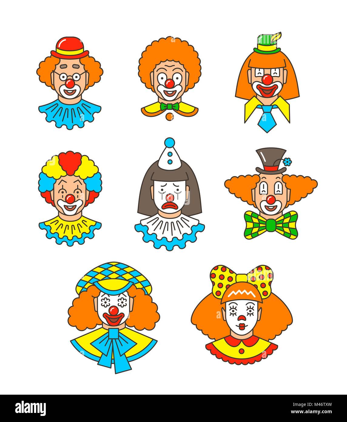 Clown faces different thin line avatars. Colorful vector flat linear icons. Cartoon illustration. Circus men and girl smiling outline portraits with d Stock Vector