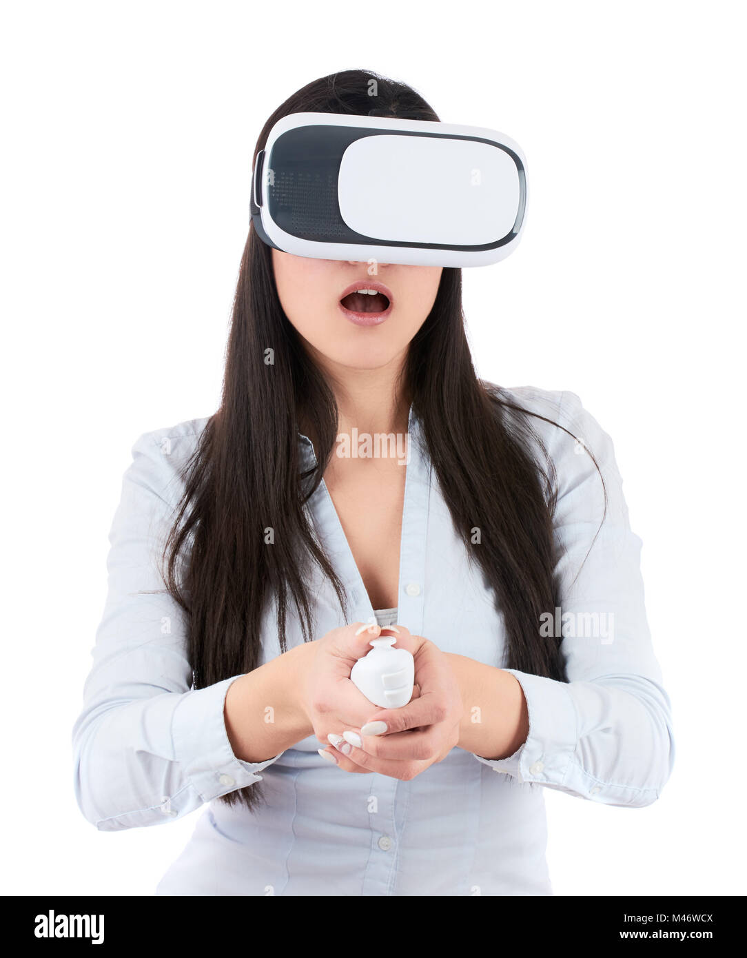 Young woman is using VR headset isolated on white background Stock ...