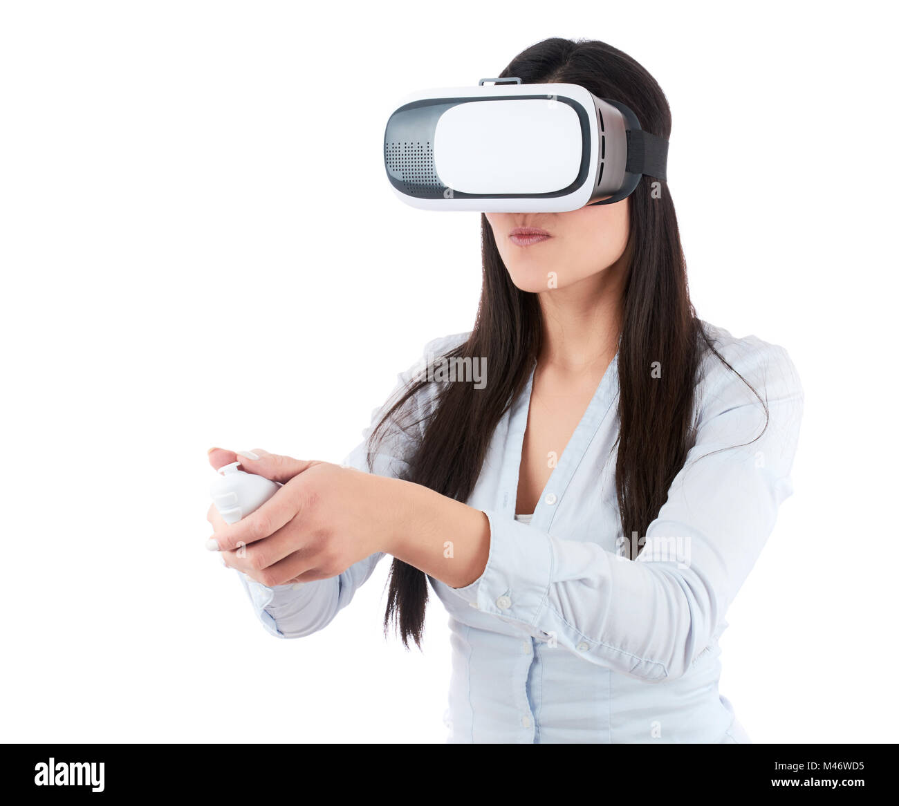 Young woman is using VR headset isolated on white background Stock ...