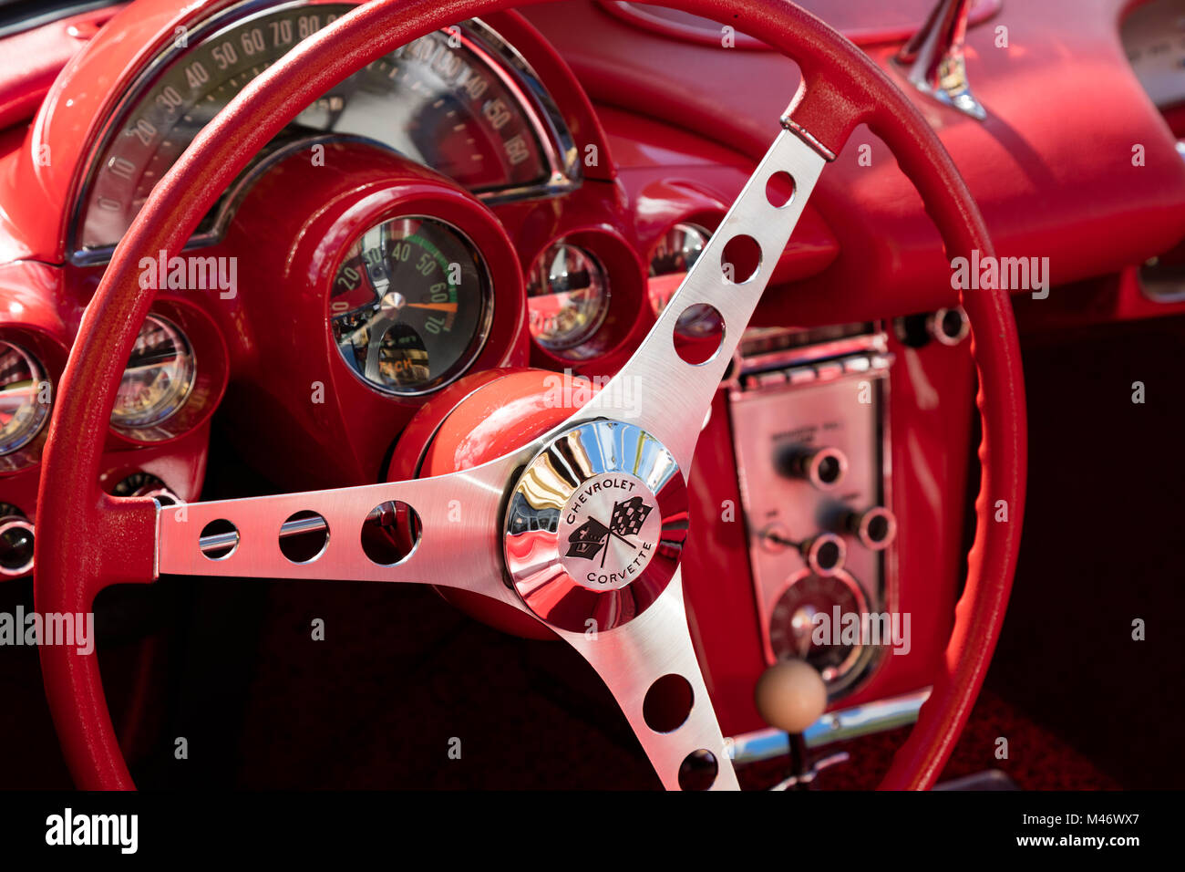 Steering wheel of a 1960 Chevrolet Corvette Stingray on display at 'Cars on 5th' autoshow, Naples, Florida, USA Stock Photo