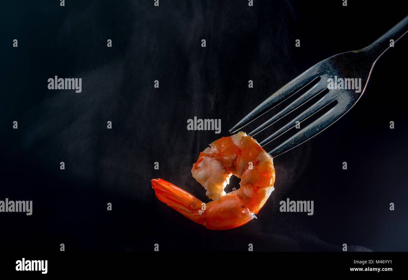 Steamed shrimp on fork isolated on dark background with copy space