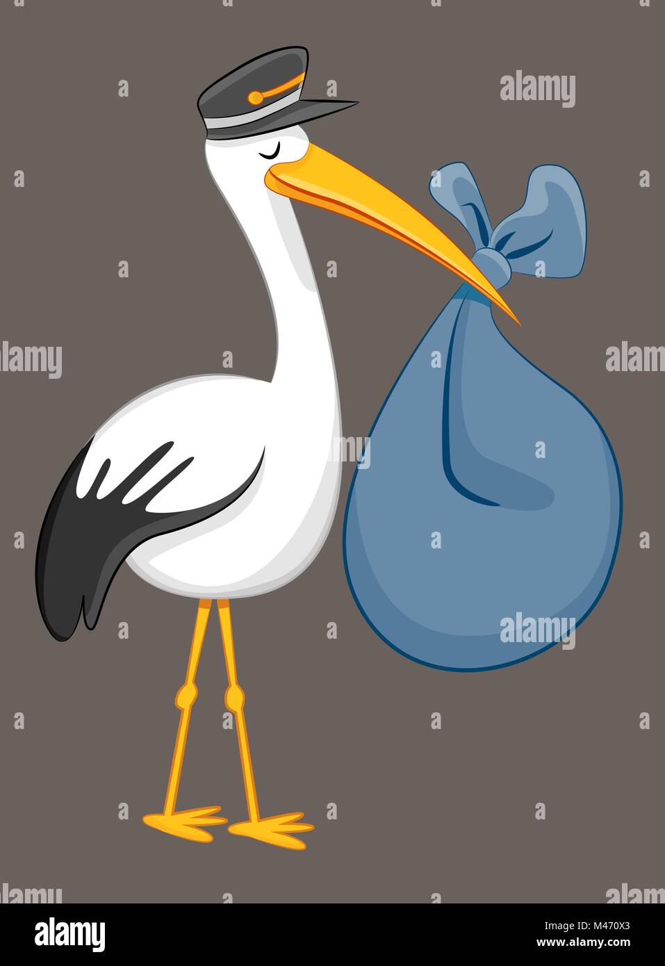 An image of a Stork Delivering Baby Bundle isolated on gray background. Stock Vector