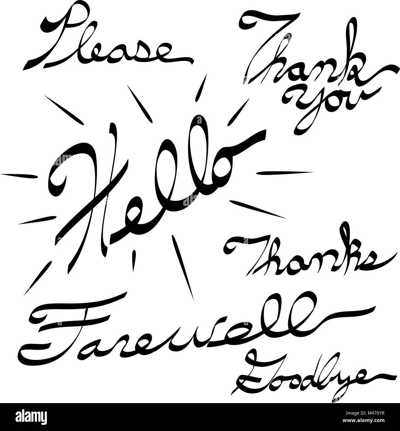An image of a Please Thank You Hello Farewell Goodbye Calligraphy. Made using pen tablet and brush tool. Stock Vector