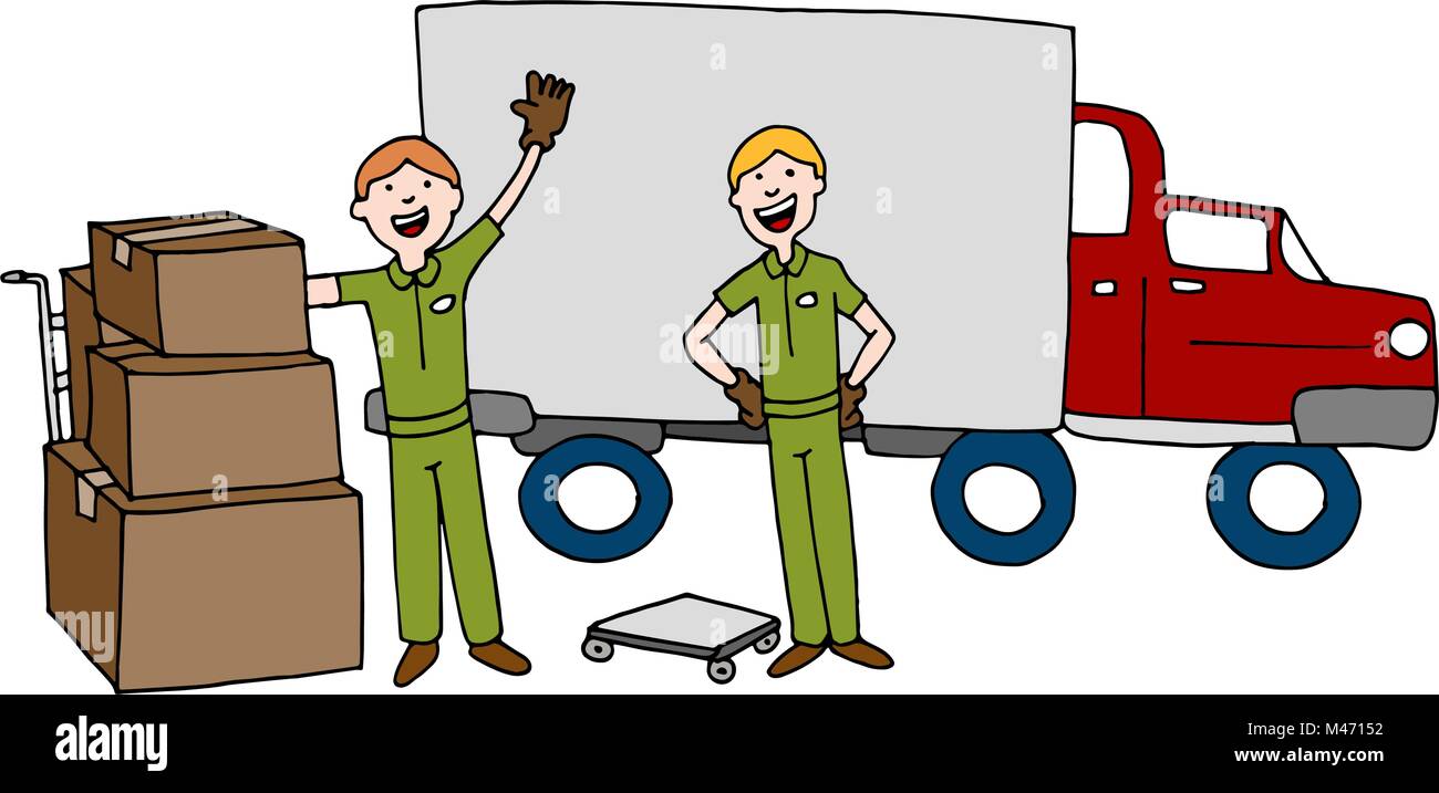 An image of a Moving Company Cartoon Team With Truck and Boxes Stock Vector  Image & Art - Alamy
