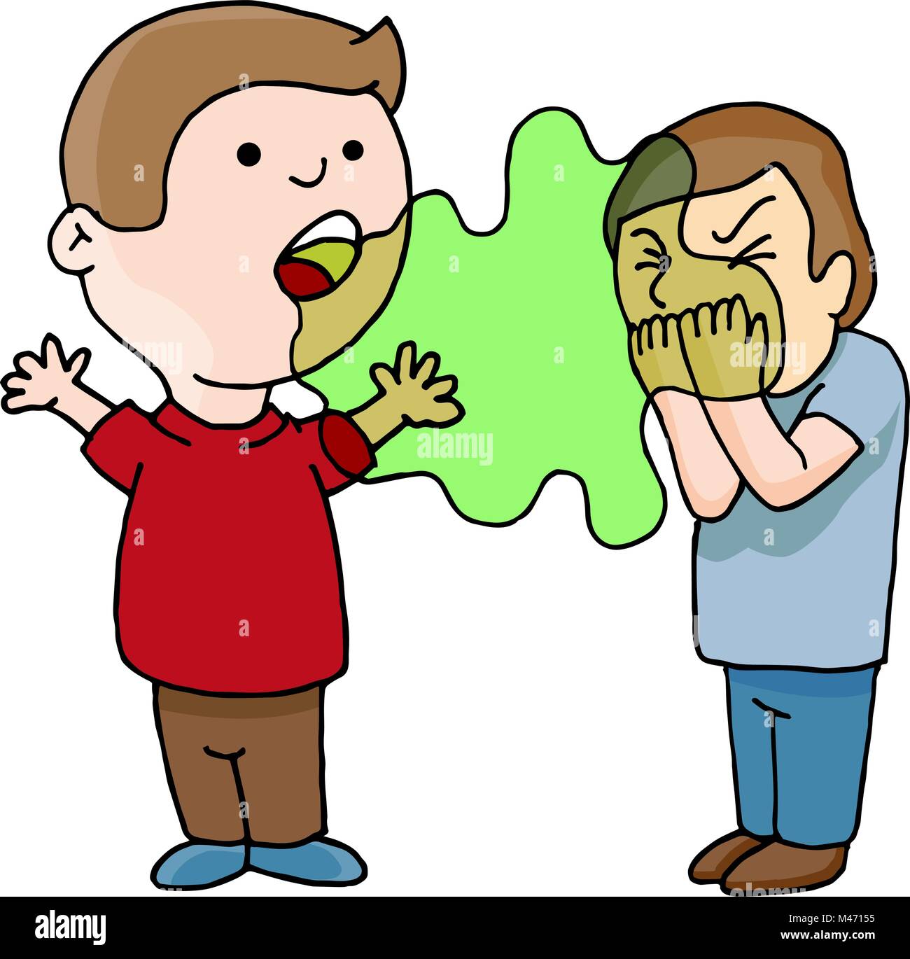 An image of a Two Men Talking Bad Foul Smelling Breath cartoon isolated on white. Stock Vector