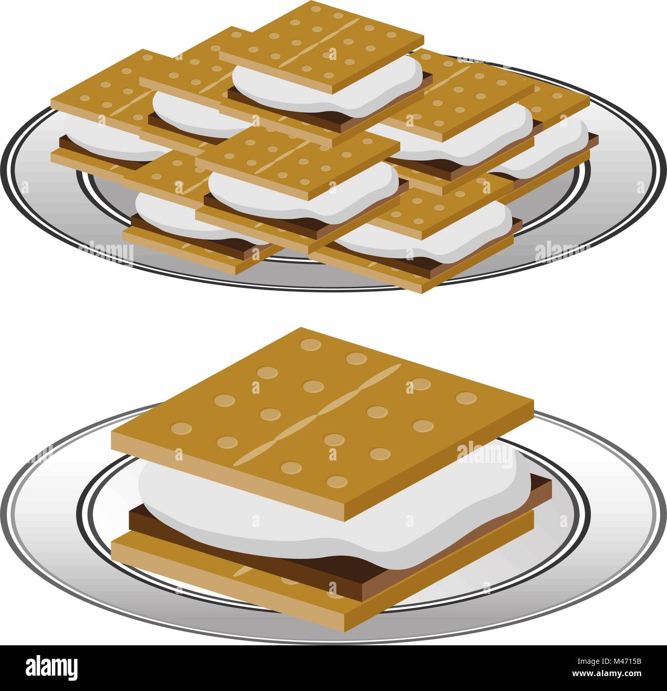 An image of a Plate of Graham Cracker Smores isolated on a white background. Stock Vector