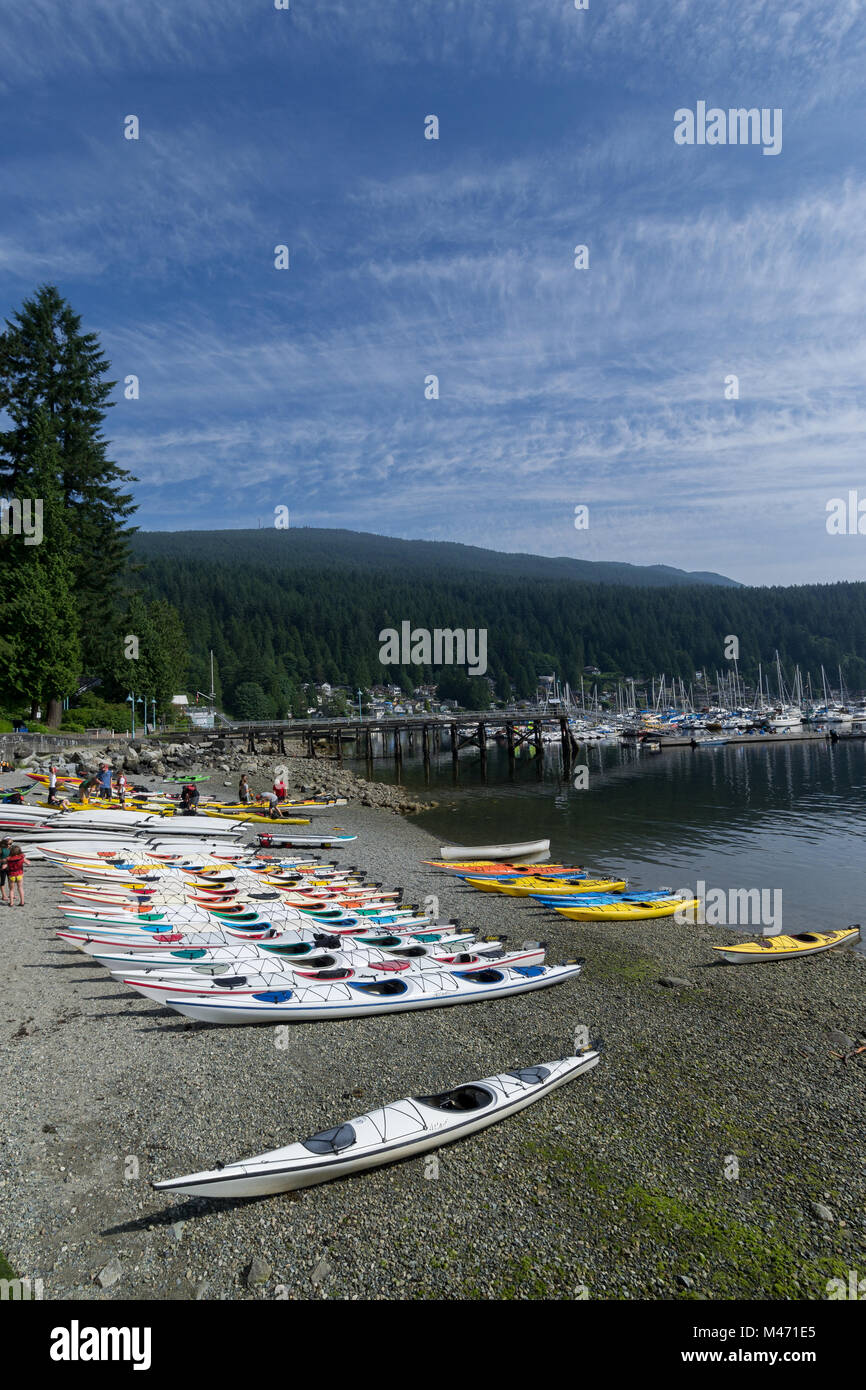 Kayaks on the Beach at Deep Cove Stock Photo