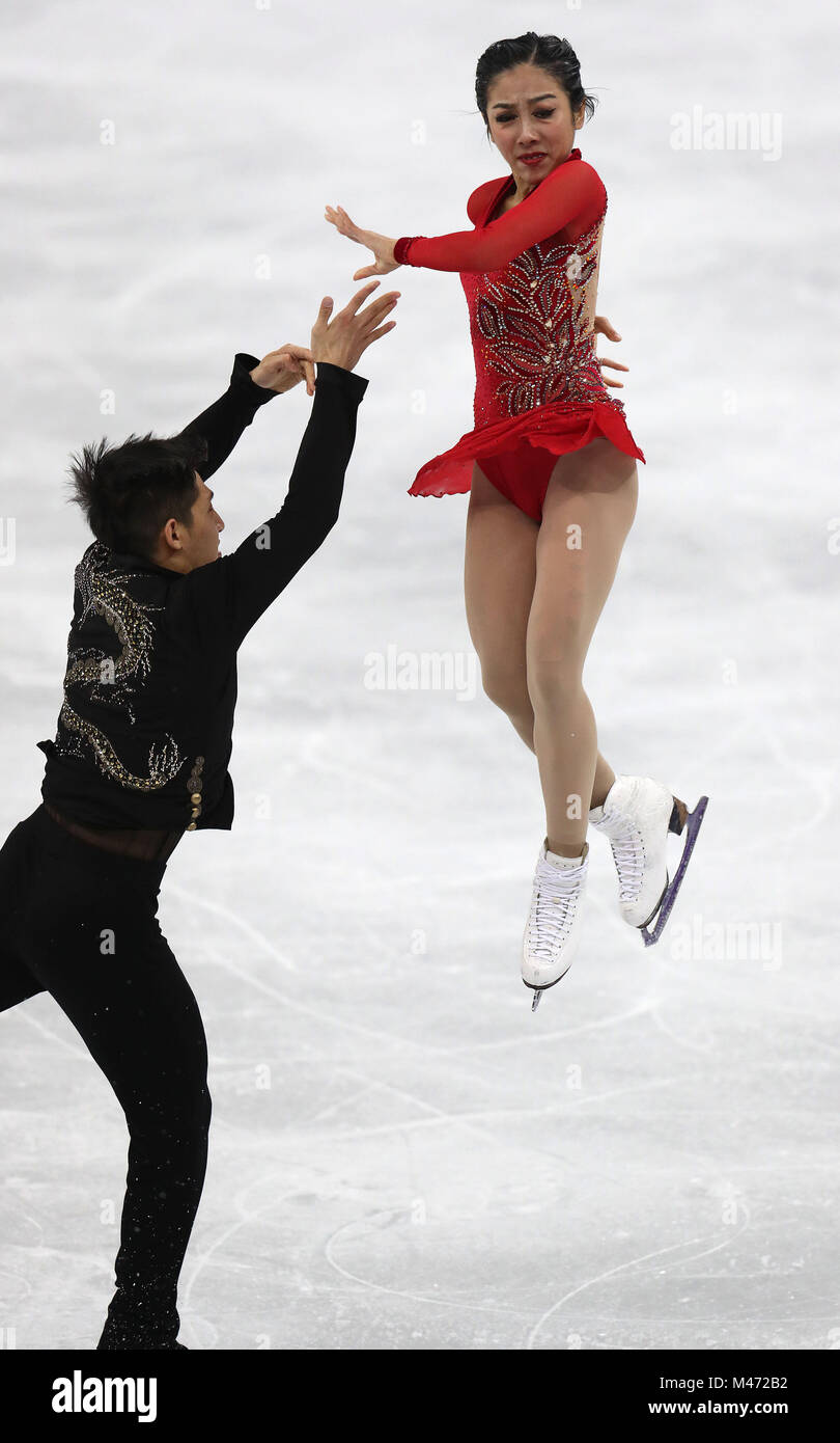 China's Cong Han and Wenjing Sui during the Pairs Free Skating Figure Skating Final during day six of the PyeongChang 2018 Winter Olympic Games in South Korea. Stock Photo