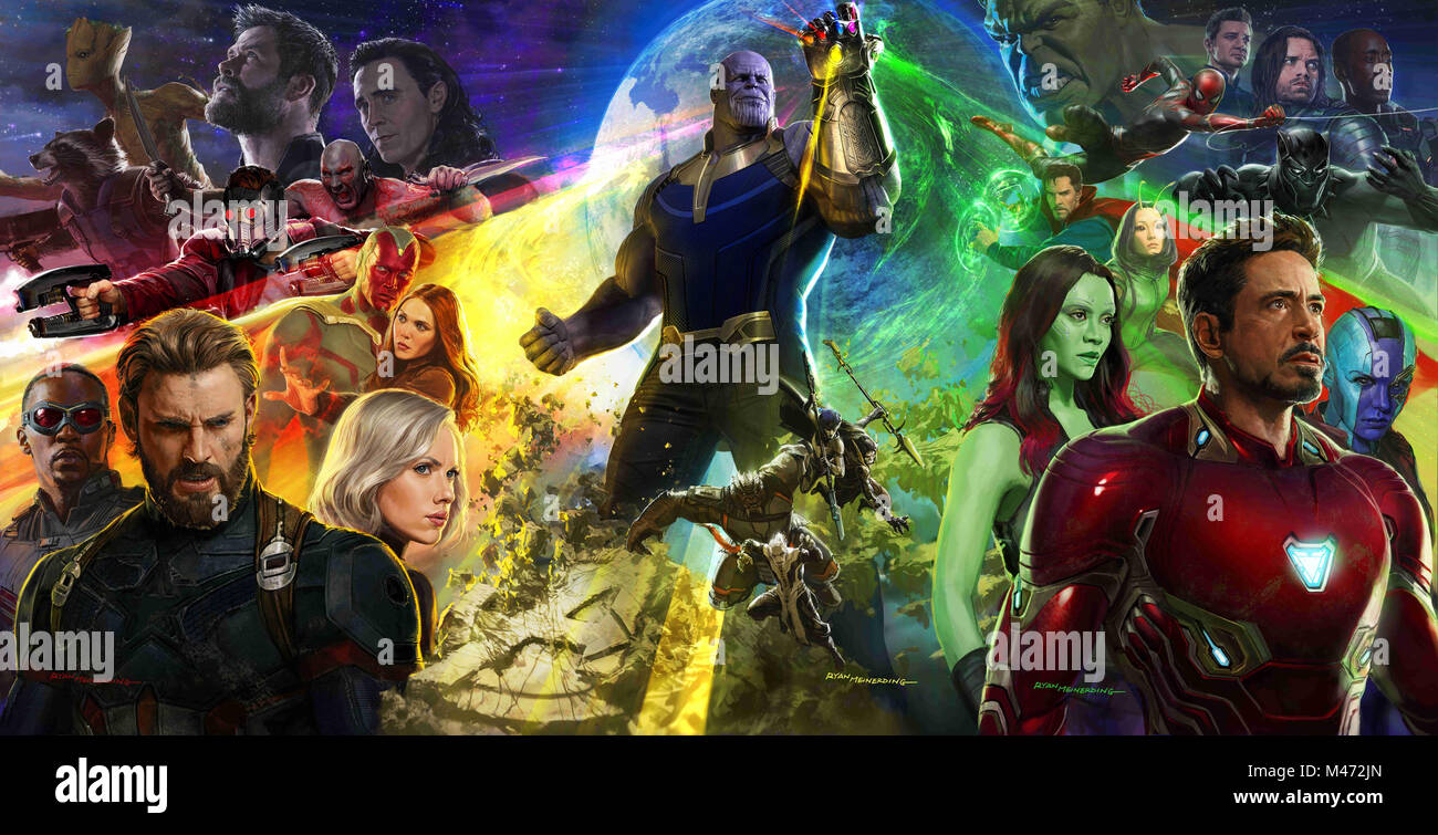 RELEASE DATE: May 4, 2018 TITLE: Avengers: Infinity War STUDIO: Marvel Studios DIRECTOR: Anthony Russo, Joe Russo PLOT: The Avengers and their allies must be willing to sacrifice all in an attempt to defeat the powerful Thanos before his blitz of devastation and ruin puts an end to the universe. STARRING: Poster Art. Conceptual Artwork. Artist: Ryan Meinderding (Credit Image: © Marvel Studios/Entertainment Pictures) Stock Photo