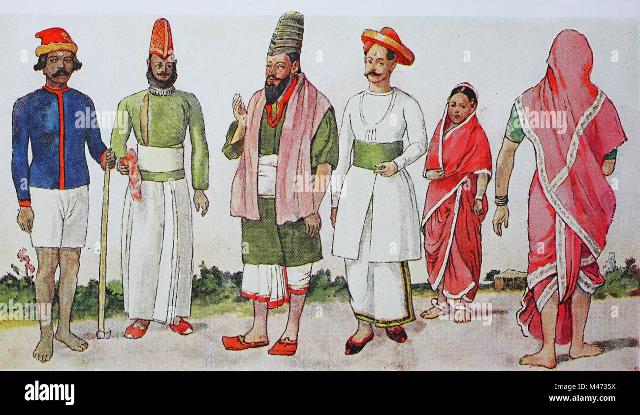 Clothing, fashion in India in modern history, from left, a gardener from  Puna, two landowners from the same area, then a wife of a maharatta, a  warrior tribe, digital improved reproduction from