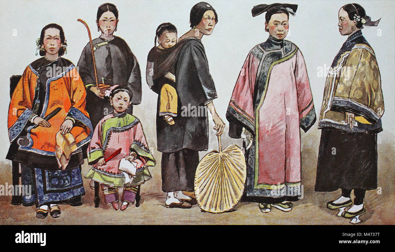 Clothing, fashion in China, around the 19th century, from the left, Chinese mother with servant and child, a nurse with baby in sling, a woman from Manchuria, Chinese woman with wooden footwear, digital improved reproduction from an original from the year 1900 Stock Photo