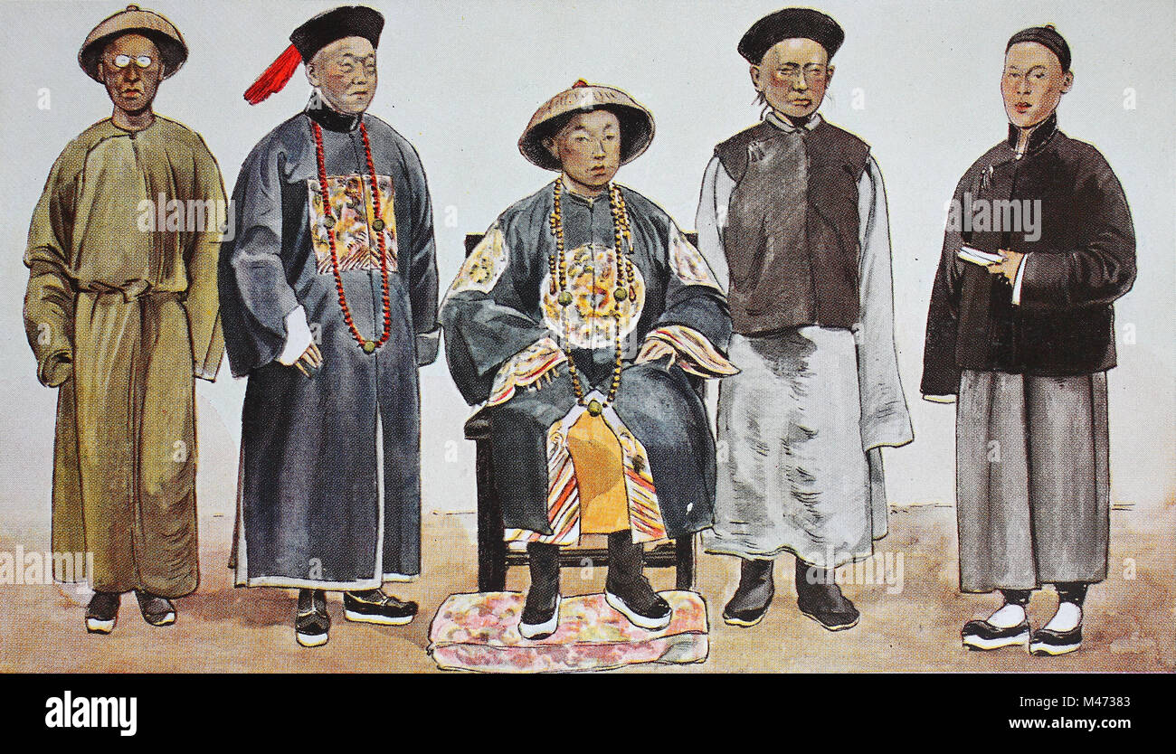 Clothing, fashion in China, around the 19th century, from the left, a judge in simple undergarment with straw hat, a Chinese Mandarin, then a Chan, prince Mongolian descent and his official, then