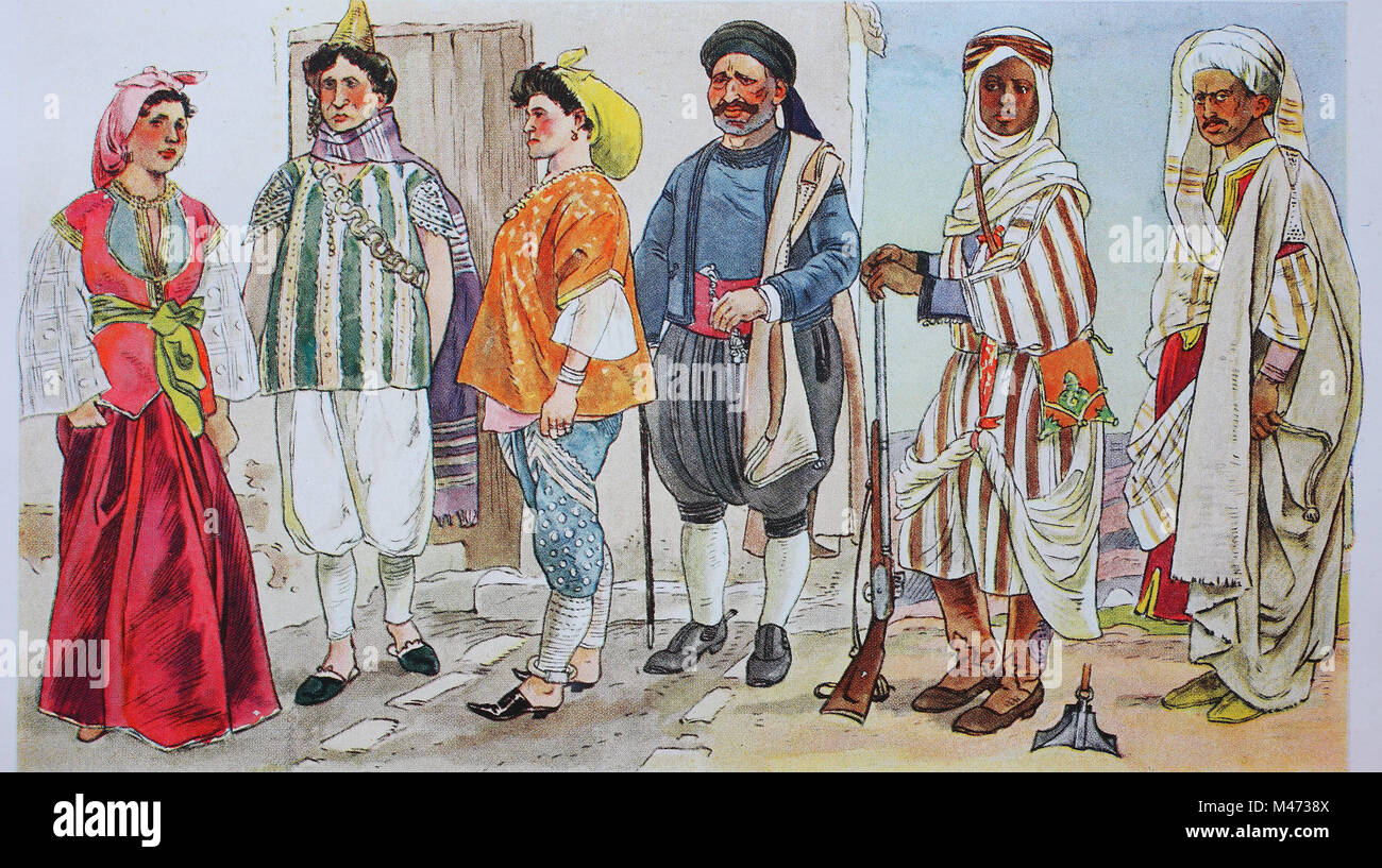 Clothing, fashion in Tunisia, Tunis, around the 19th century, from the left, a Moorish girl in a housecoat, a Jewess in trousers and calf stockings, a Jewess in silk trousers, a Jew in pretended costume, an Arab man from the interior of the country, and a Tunisia of Moorish descent, digital improved reproduction from an original from the year 1900 Stock Photo