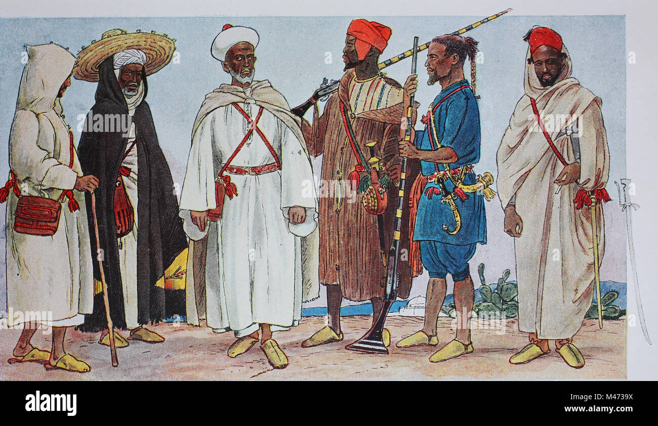 Clothing, fashion in Morocco, about 19th century, from the left, a Moroccan in the Jellaba, a hooded coat, a man from the interior of the country in the Burnus, a coarse wool coat with a hood, a genteel Moroccan in a linen shirt, the Chamisa, an armed from the interior, then a Berber from the Rif and a Moroccan rider in the haik, a cover coat, digital improved reproduction from an original from the year 1900 Stock Photo