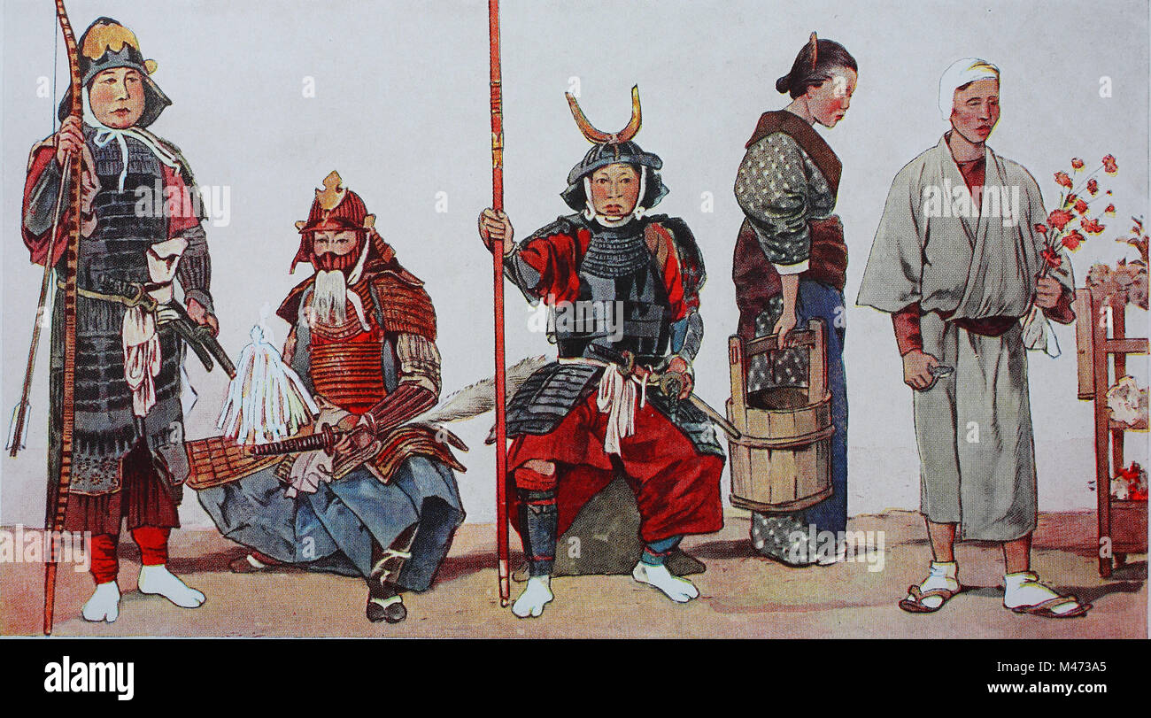 Clothing, fashion in Japan, samurai, from the left, an officer of the archers, ancient samurai warrior costume, an officer with a beard mask, an officer with greaves, a maid in modern history costume, and a flower seller, digital improved reproduction from an original from the year 1900 Stock Photo