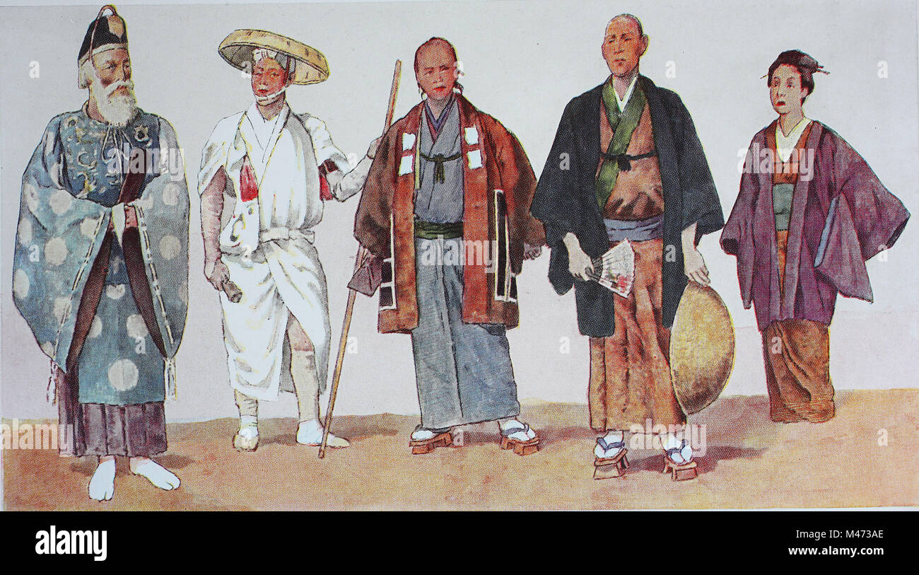 Clothes, fashion in Japan, pilgrims and priests, from the left, a Shinto  priest, a Shinto pilgrim, a Japanese in winter clothes, a citizen in a  summer costume, and a lady in city