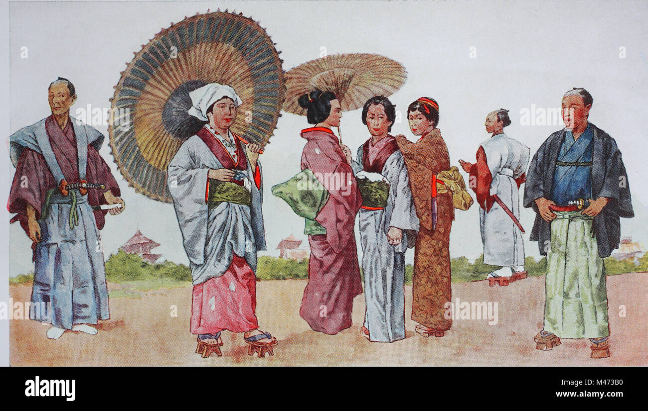 Clothing, fashion in Japan, officers and ladies, from the left, senior officer in dress clothes, then four Japanese ladies with umbrellas with bamboo frame, then a police officer, also working as a tour guide and a privileged class Japanese with saber in the costume of the students of Yeddo University, digital improved reproduction from an original from the year 1900 Stock Photo