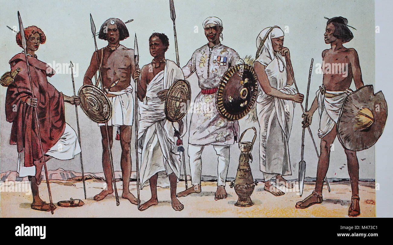 Clothing, fashion in Africa, East Africa, from the left, an Ugly warrior, Somali, in marching gear, a Somali warrior and a young cotton-throwing Somali warrior, an Abyssinian warrior in brocade shirt and a Somali bedouin woman and a Nubian warrior, digital improved reproduction from an original from the year 1900 Stock Photo