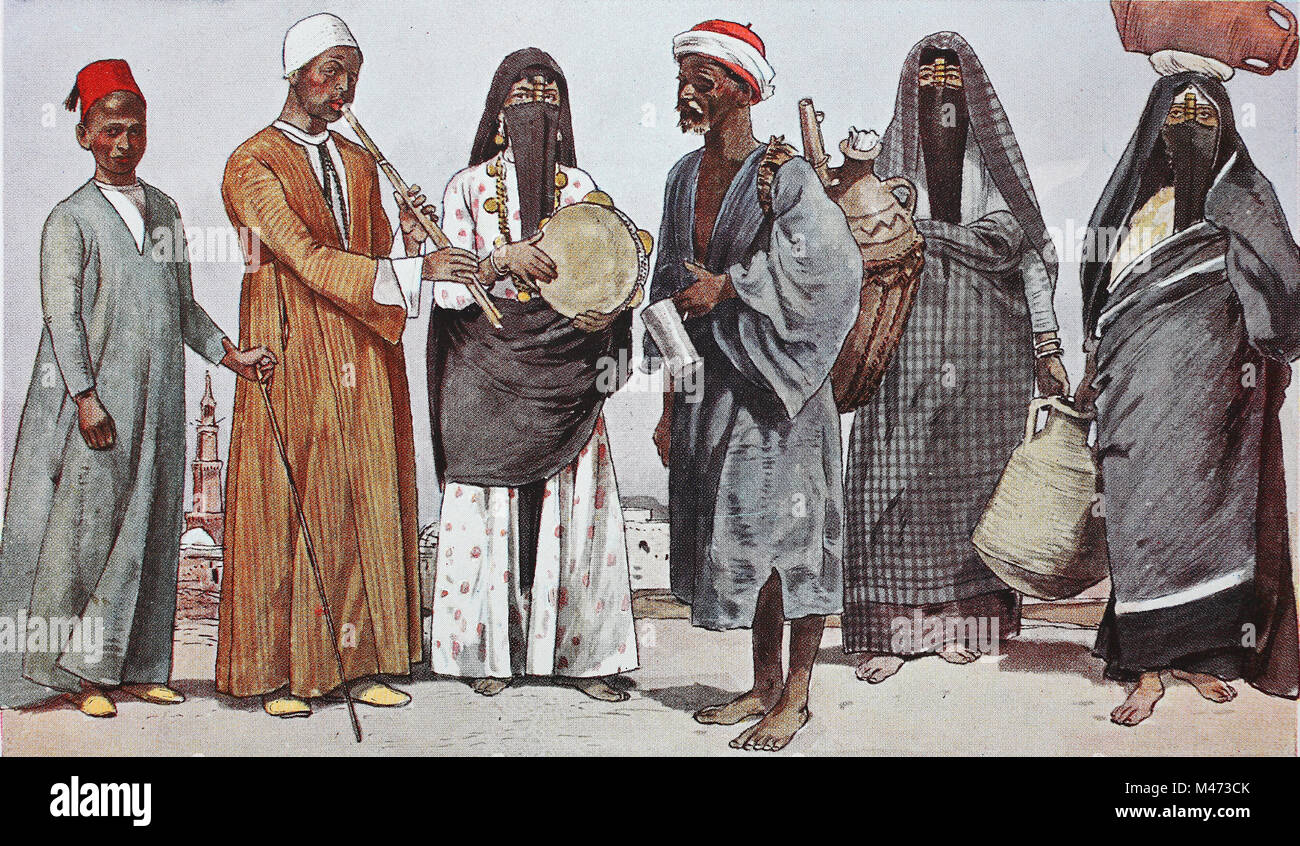 Clothing, fashion in Africa, Egypt, from the left, a servant, a wandering couple of musicians, a water vendor and two women with facial veils fetching water, digital improved reproduction from an original from the year 1900 Stock Photo