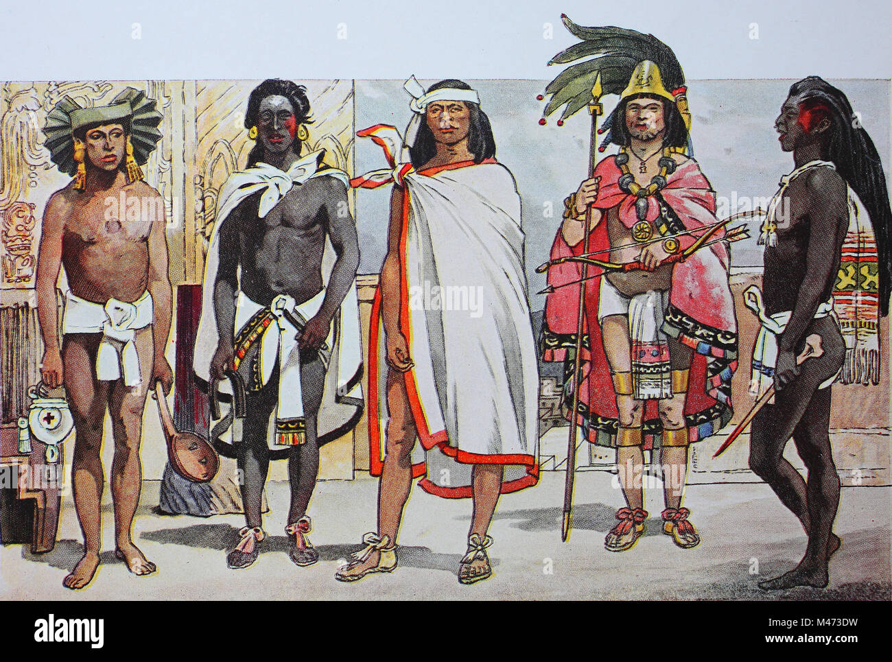 Clothing, fashion in Central America, around 1520, from left, priests of the rain god Tlaloc, then a sacrificial priest, one of the Mixtecs tribe, the king, perhaps Montezuma, with a gold diadem and plume, and a priest of Indian fakirs style self-tormenting, digital improved reproduction from an original from the year 1900 Stock Photo